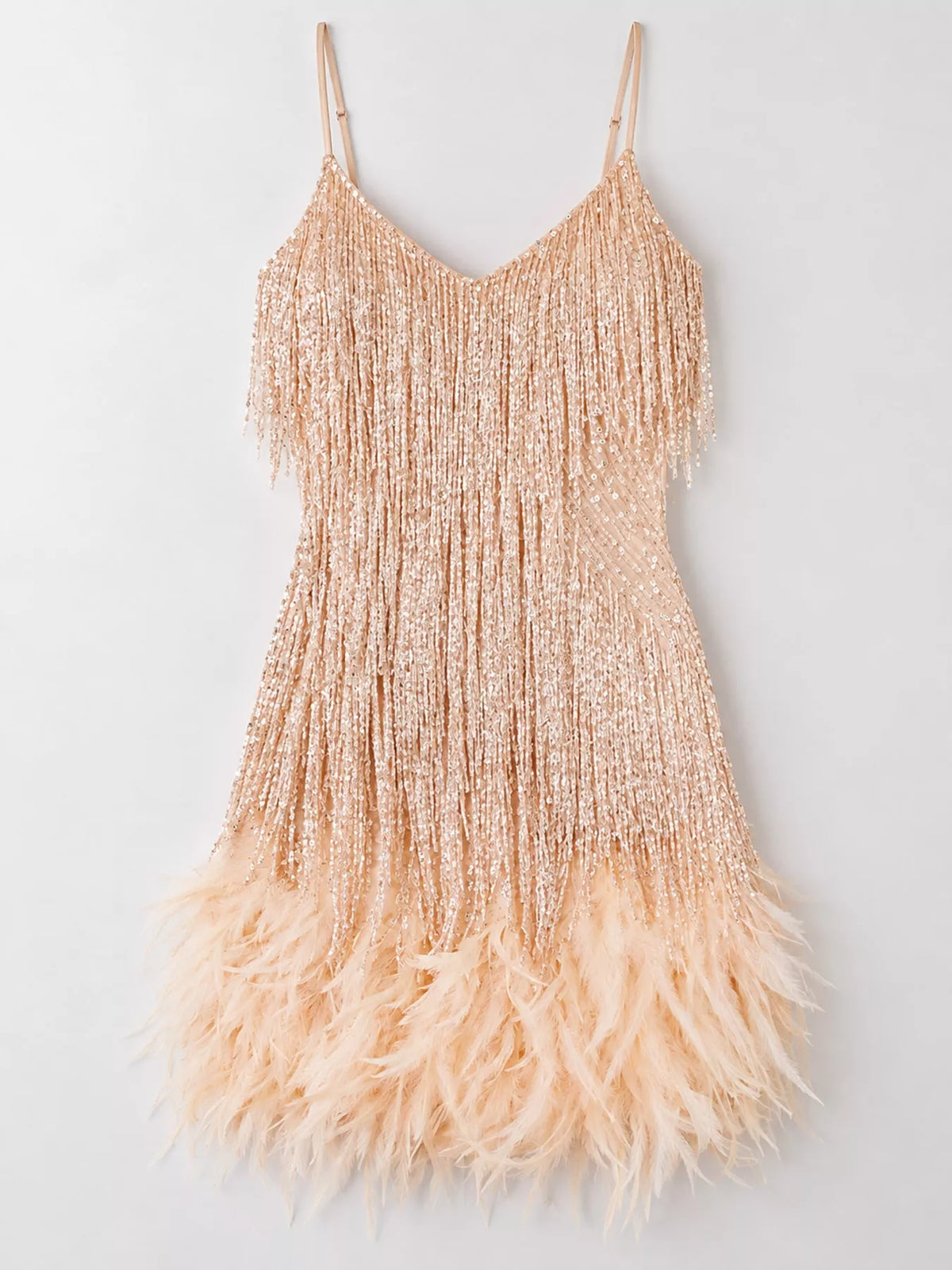 Peach feather fringe sequin mini dress, front view