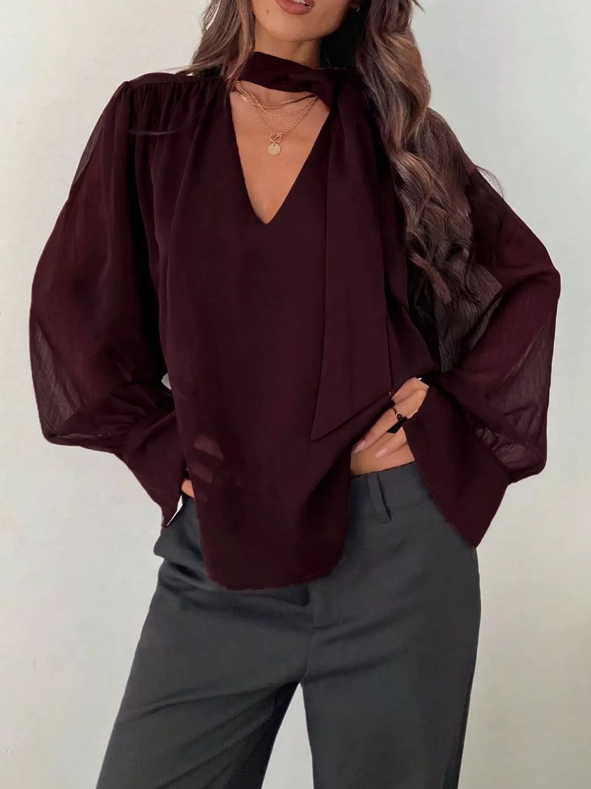 V-Neck Long Sleeve Chiffon Blouse in magenta