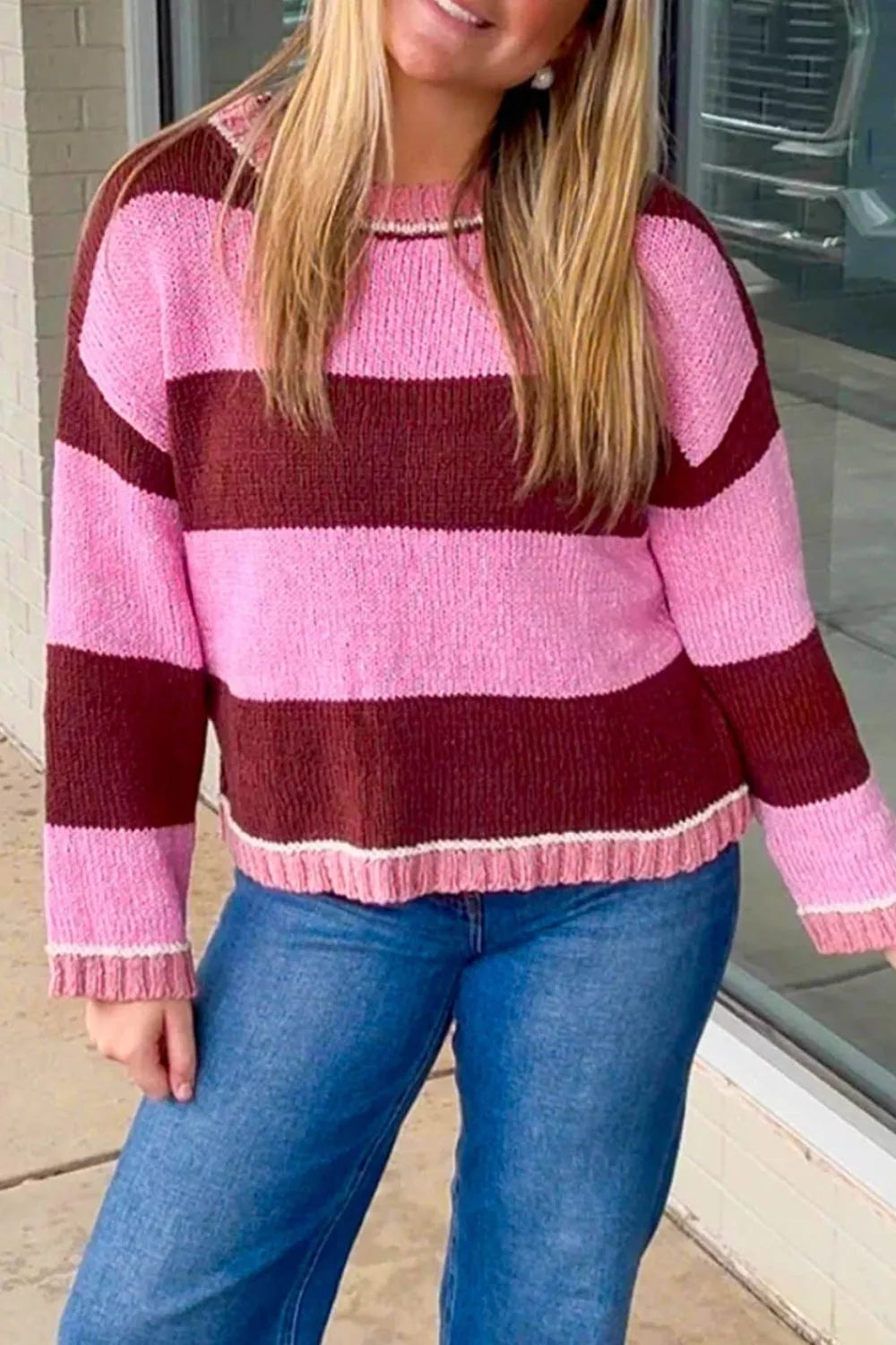 Trendsi Striped Drop Shoulder Long Sleeve Pullover Regular Fit Knit Sweater -