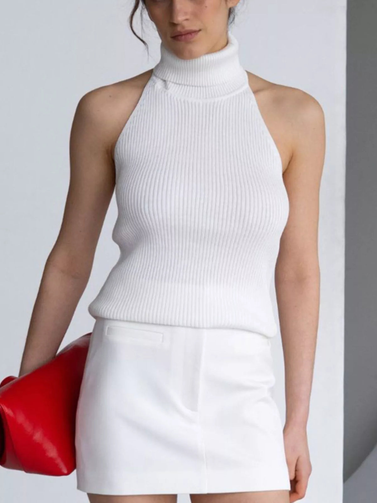 White ribbed halter-neck tank, front view