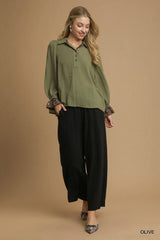 Trendsi Umgee Half Button Blouse with Leopard Print Trim -