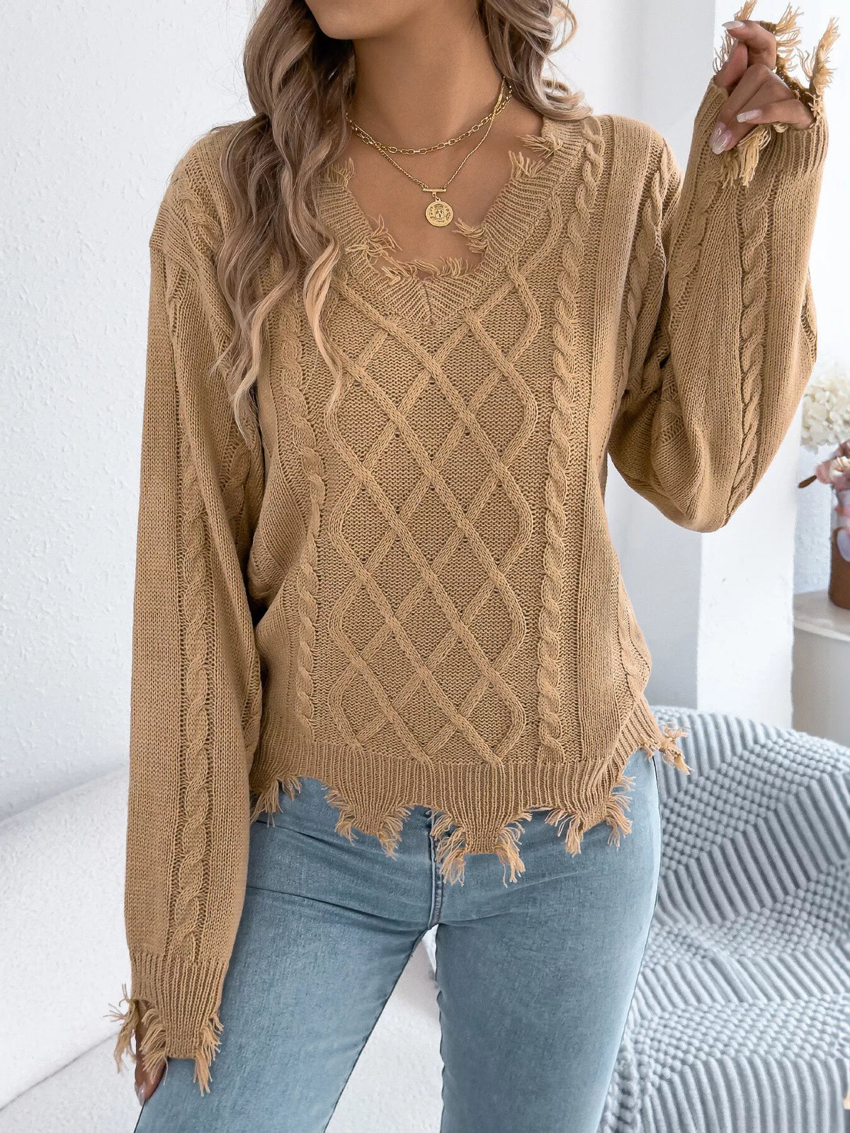 V-Neck Distressed Hem Cable Knit Sweater in camel, front view