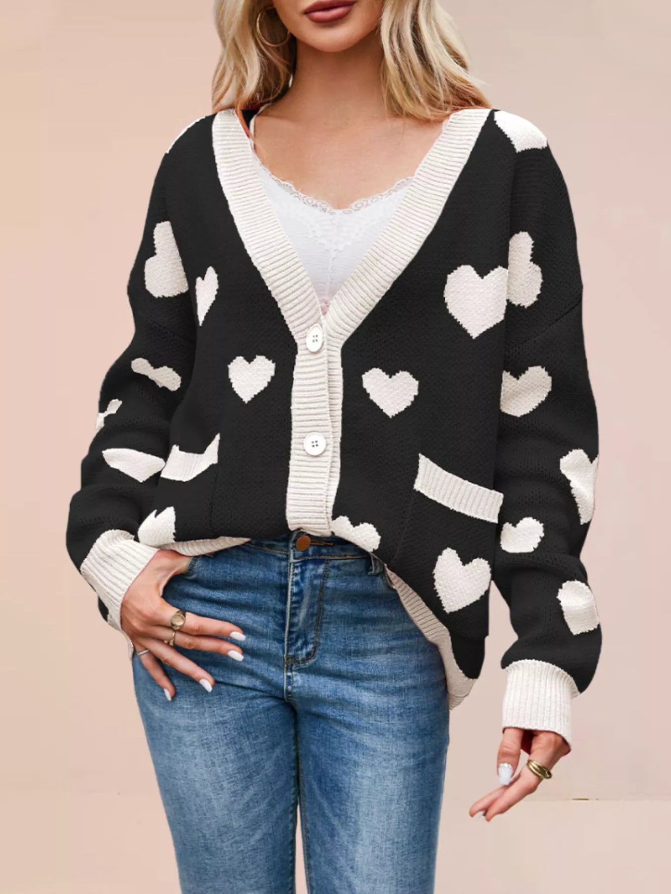 Trendsi Heart Pattern V-Neck Button-Down Knit Cardigan -