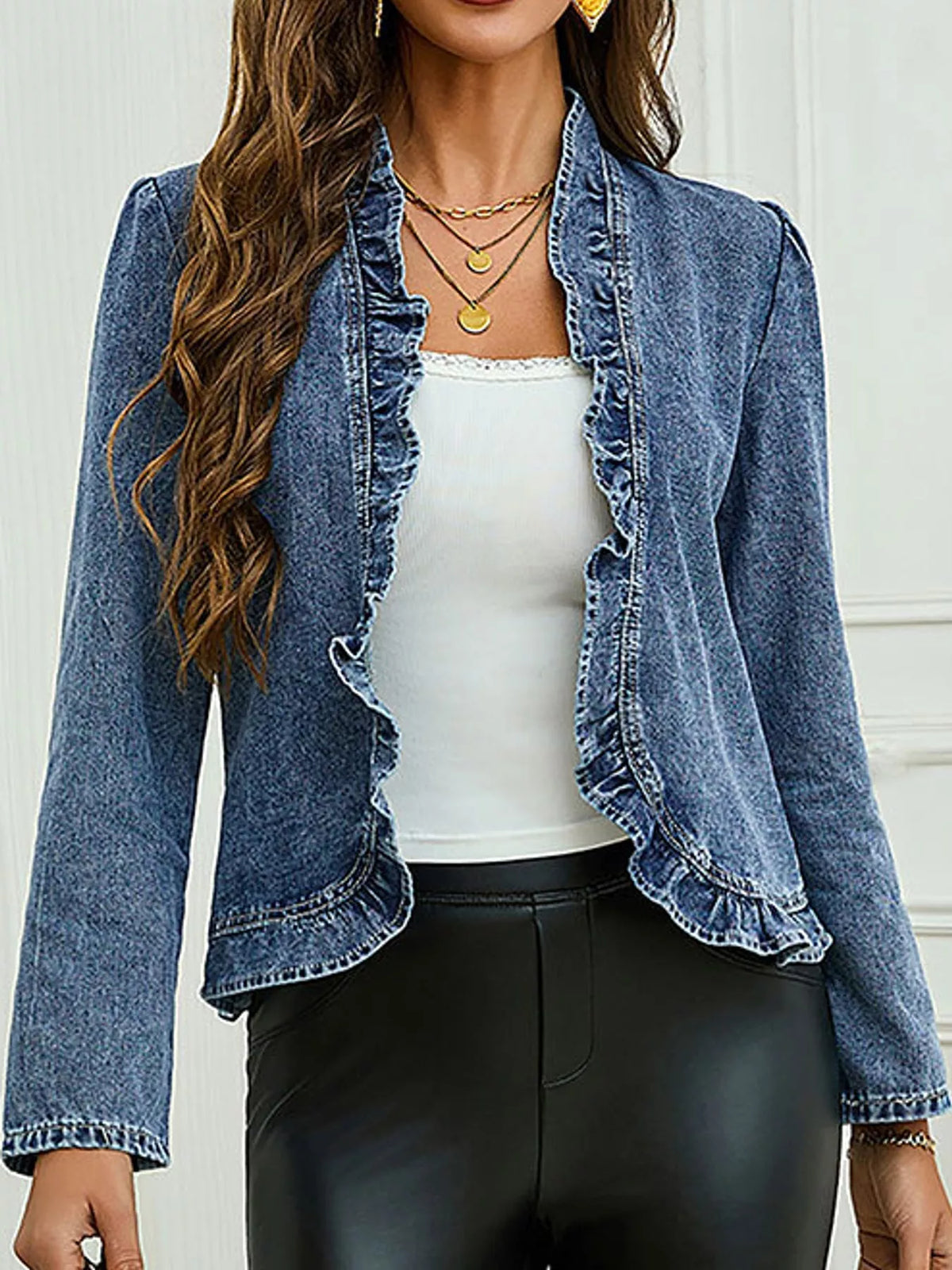 Blue-Denim Jacket ruffle-trim open-front washed denim jacket