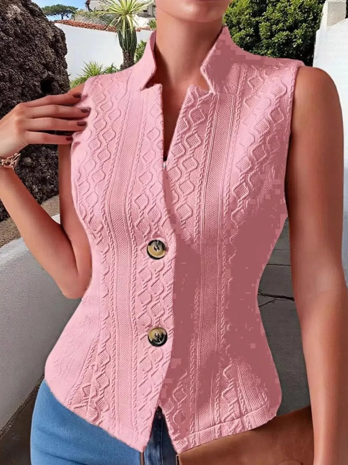 Textured Button-Down Vest in pink, front view