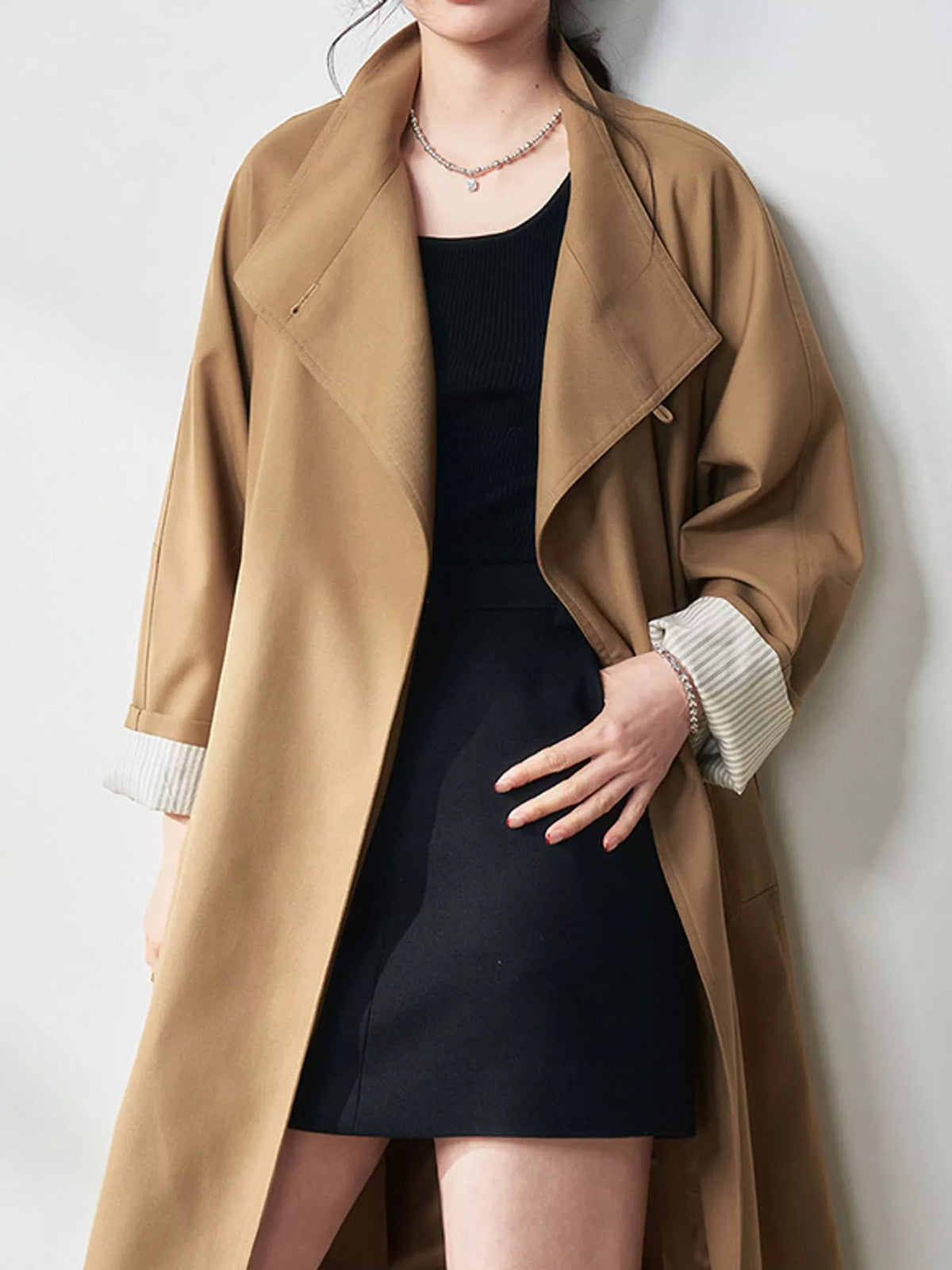 Asymmetric Button Longline Trench Coat in camel