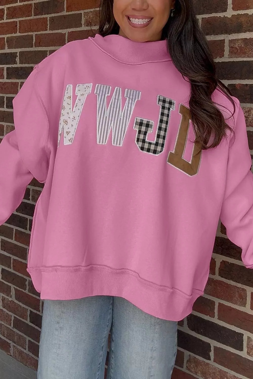 WWJD Embroidered Patch Mock Neck Sweatshirt — front view