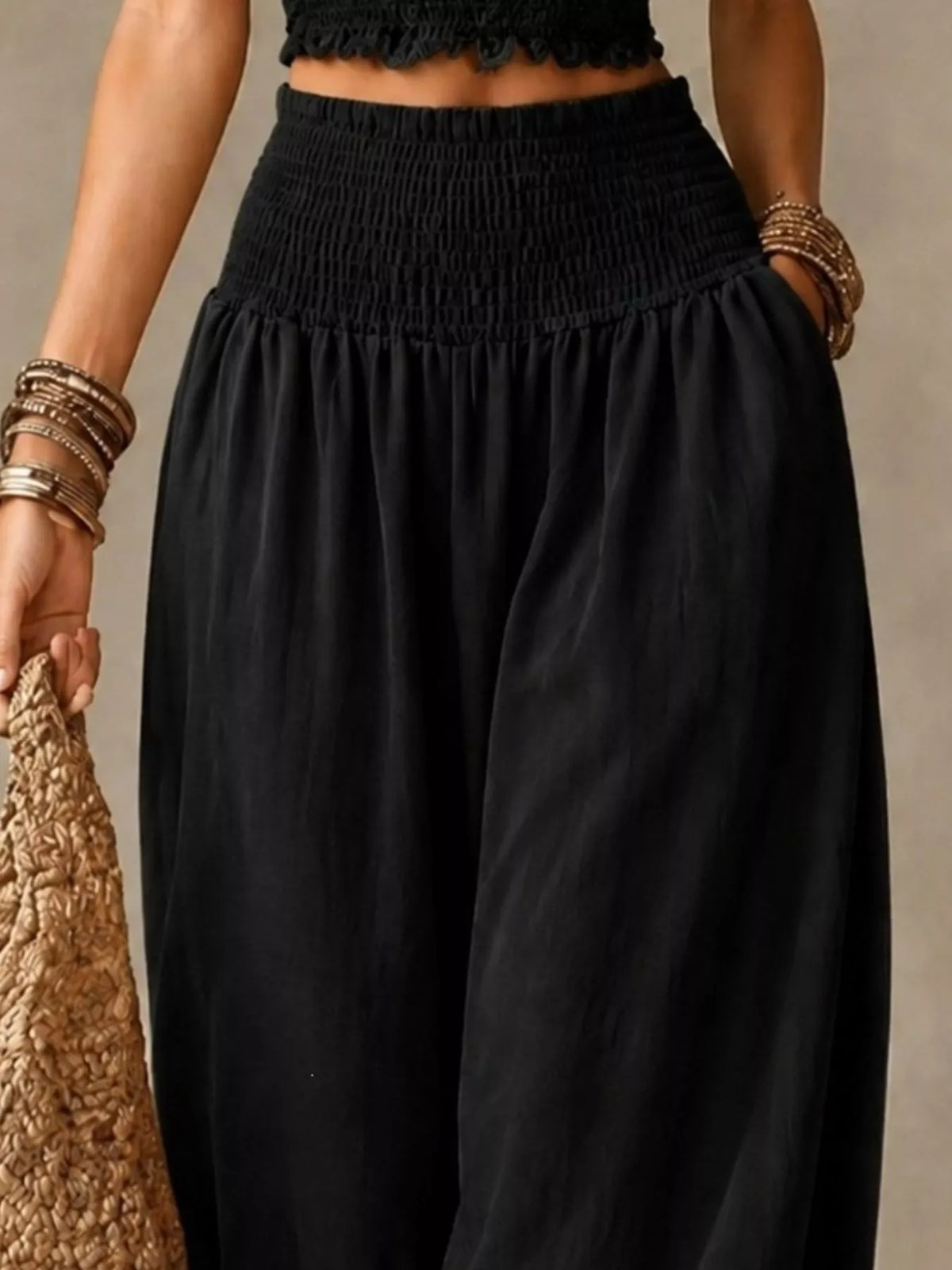 Women's Smocked Harem Pants in black — waist detail view