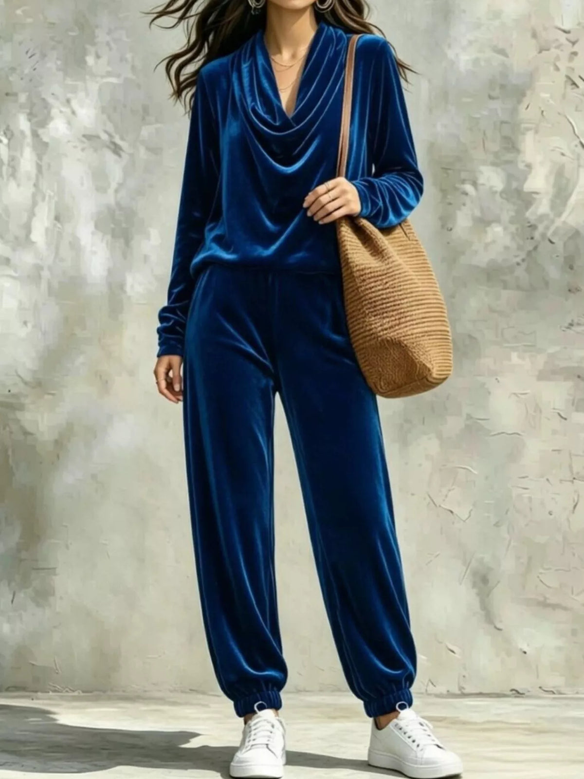 Blue velvet cowl neck top and pants set, front view