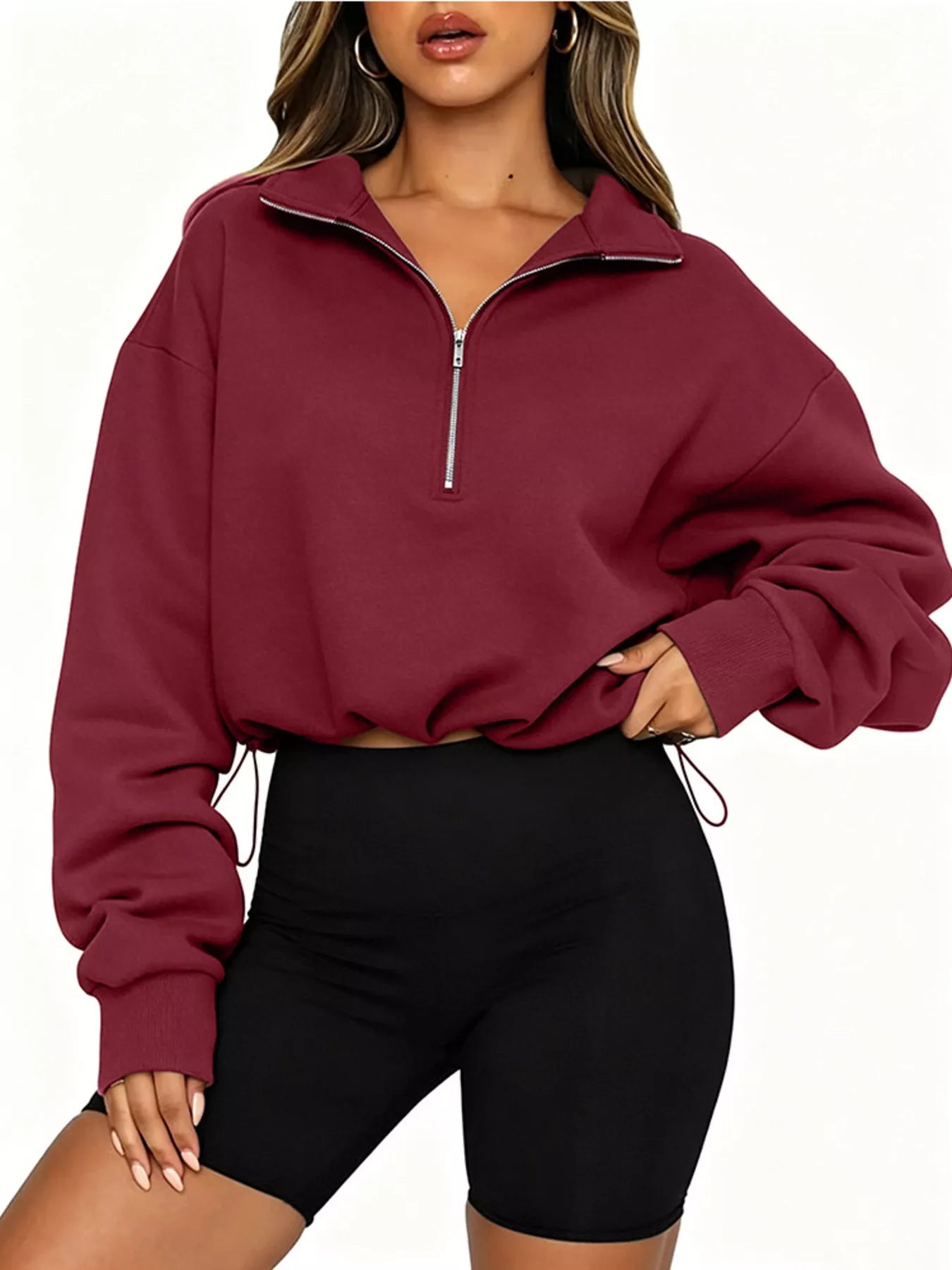 Trendsi Half Zip Drawstring Hem Sweatshirt -