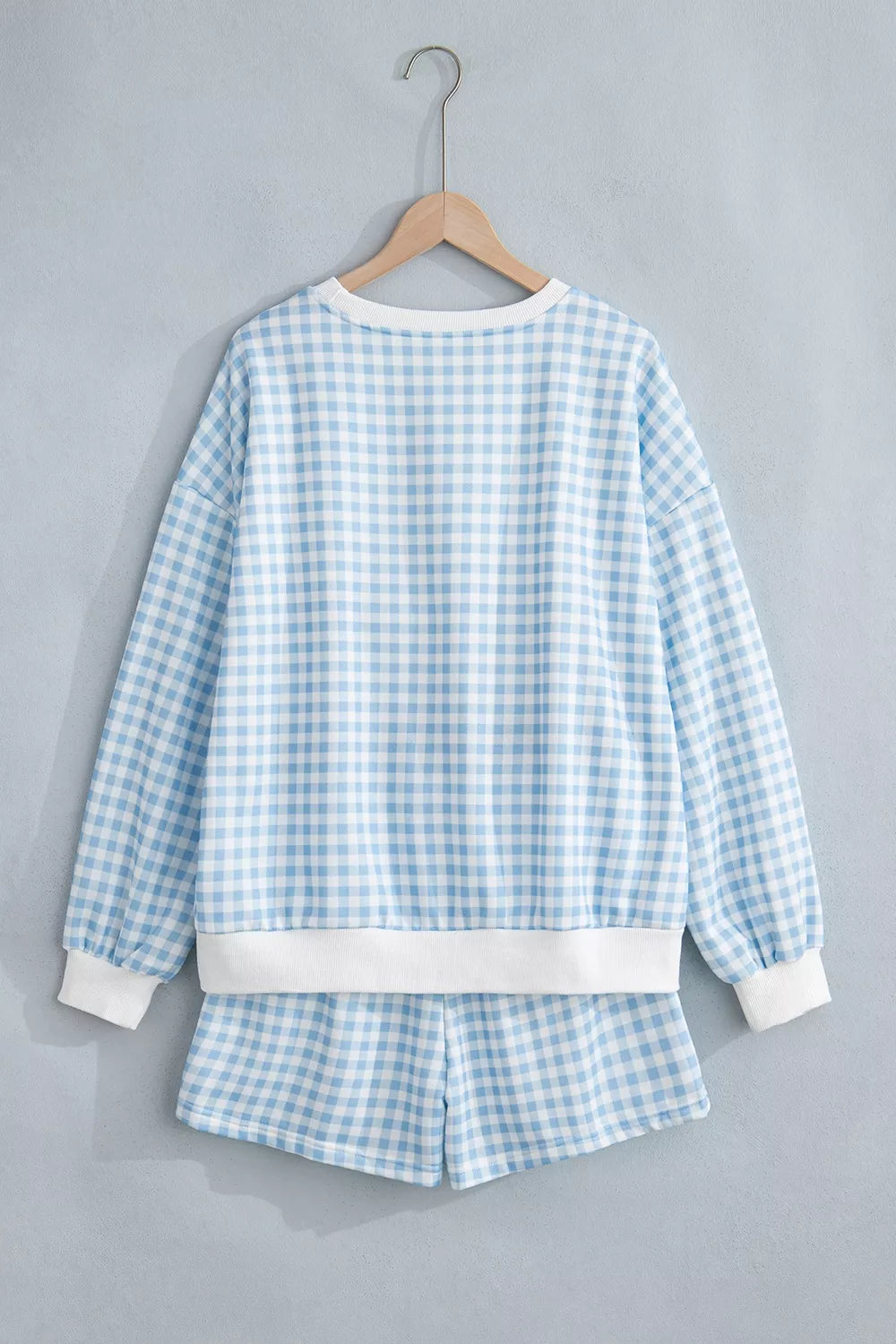 PRAY Plaid Top and Shorts Set in blue, hanger back view