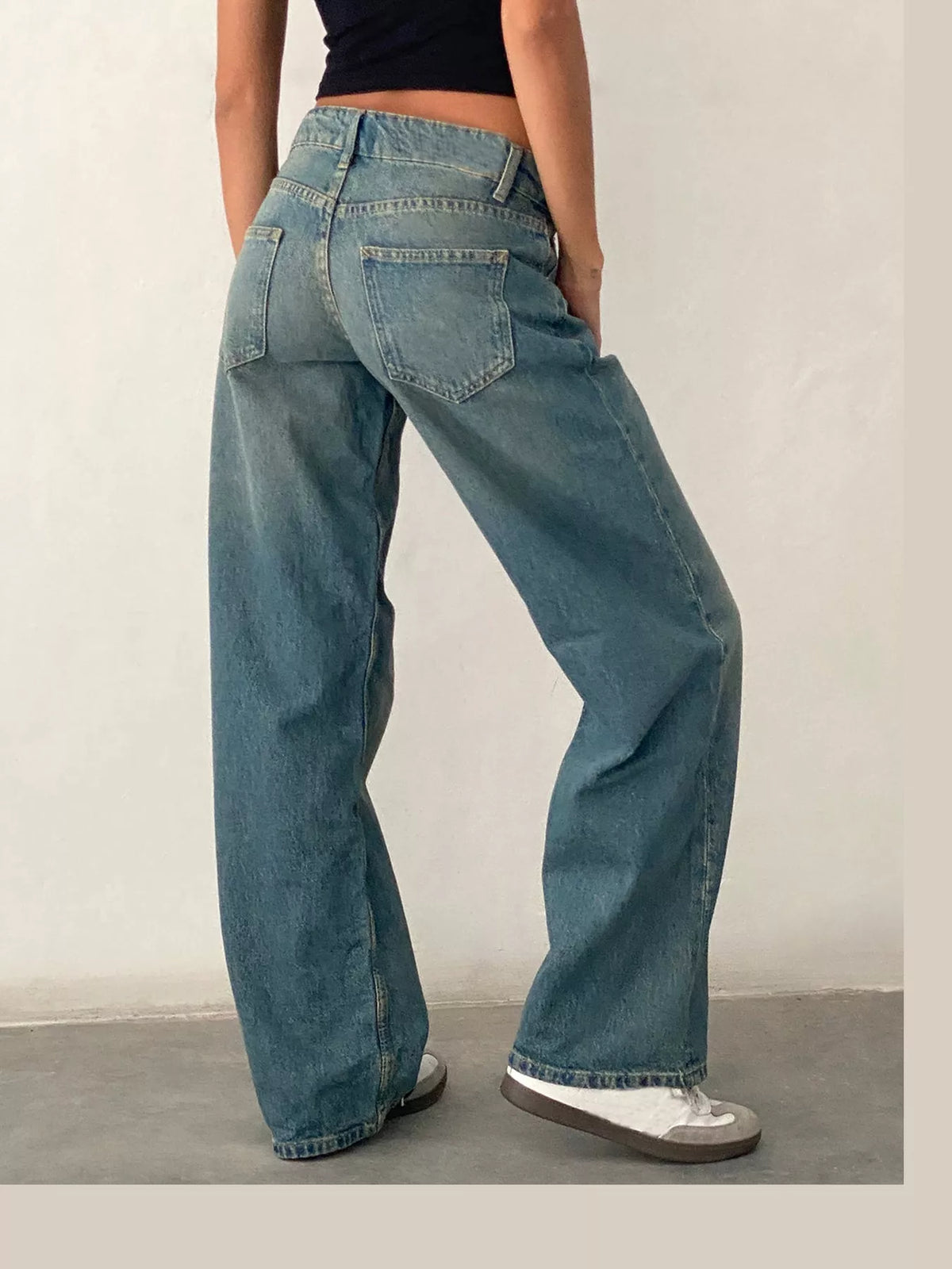 Vintage Wash Low-Rise Wide-Leg Jeans — back view