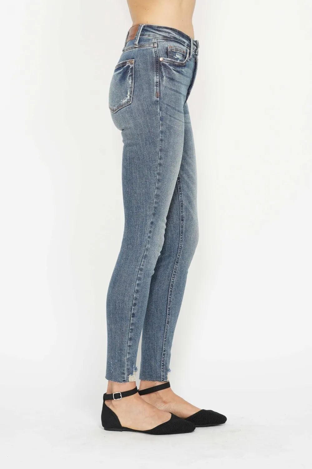 Trendsi Judy Blue Full Size Tummy Control Vintage Wash Hem Destroy Skinny Jeans - Pants
