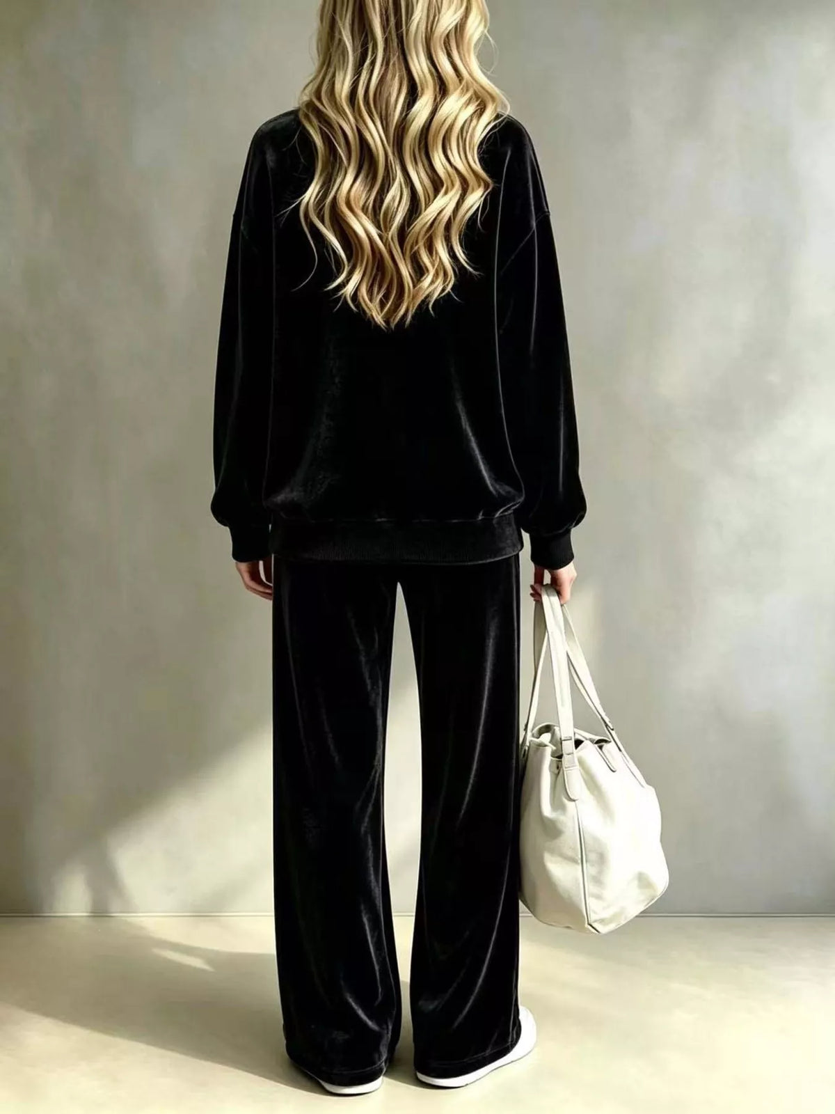 Women's Dropped Shoulder Velvet Top and Wide Leg Pants Set in black — back view