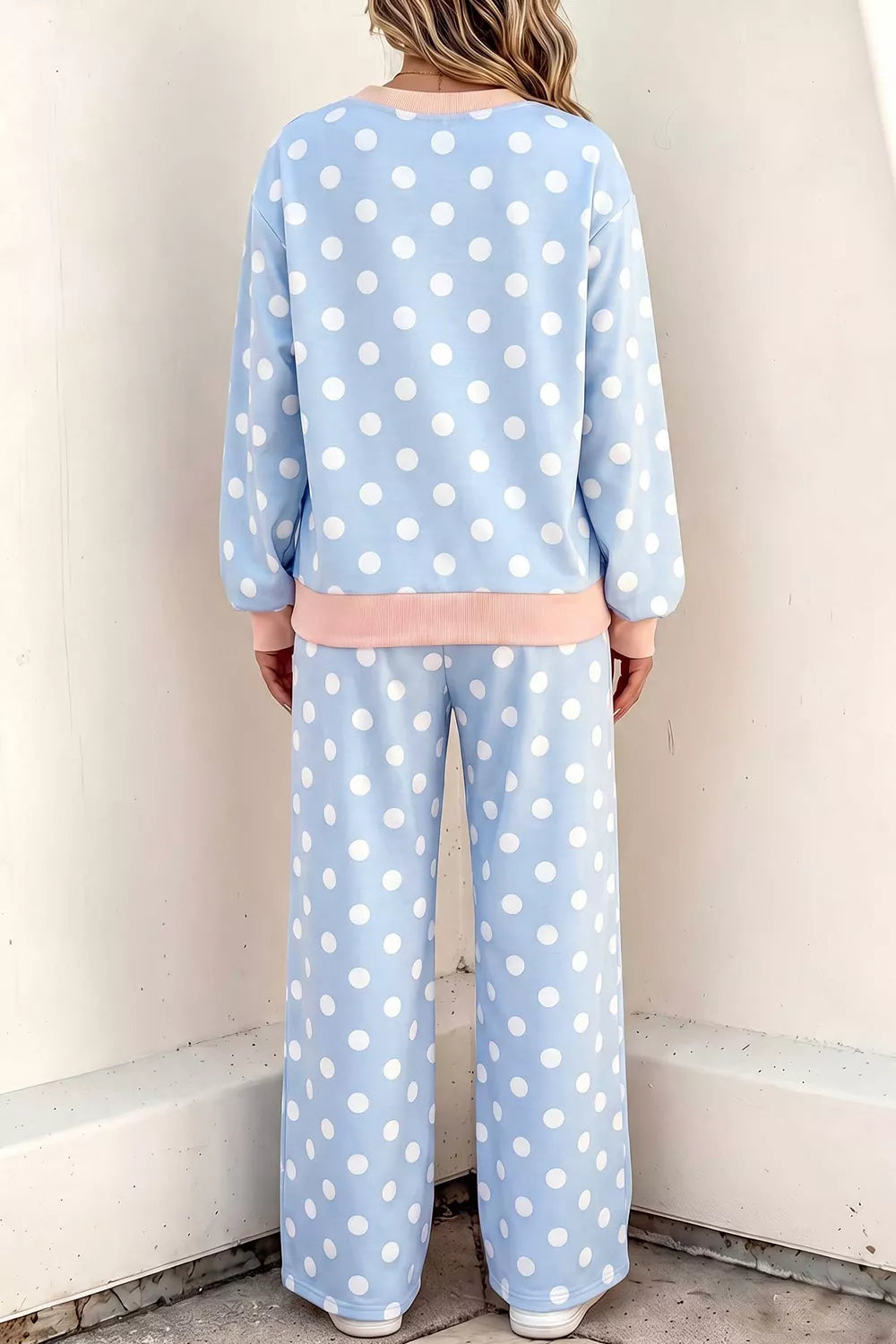 Trendsi Polka Dot Contrast Trim Long Sleeve Top Drawstring Shift Pants Set -