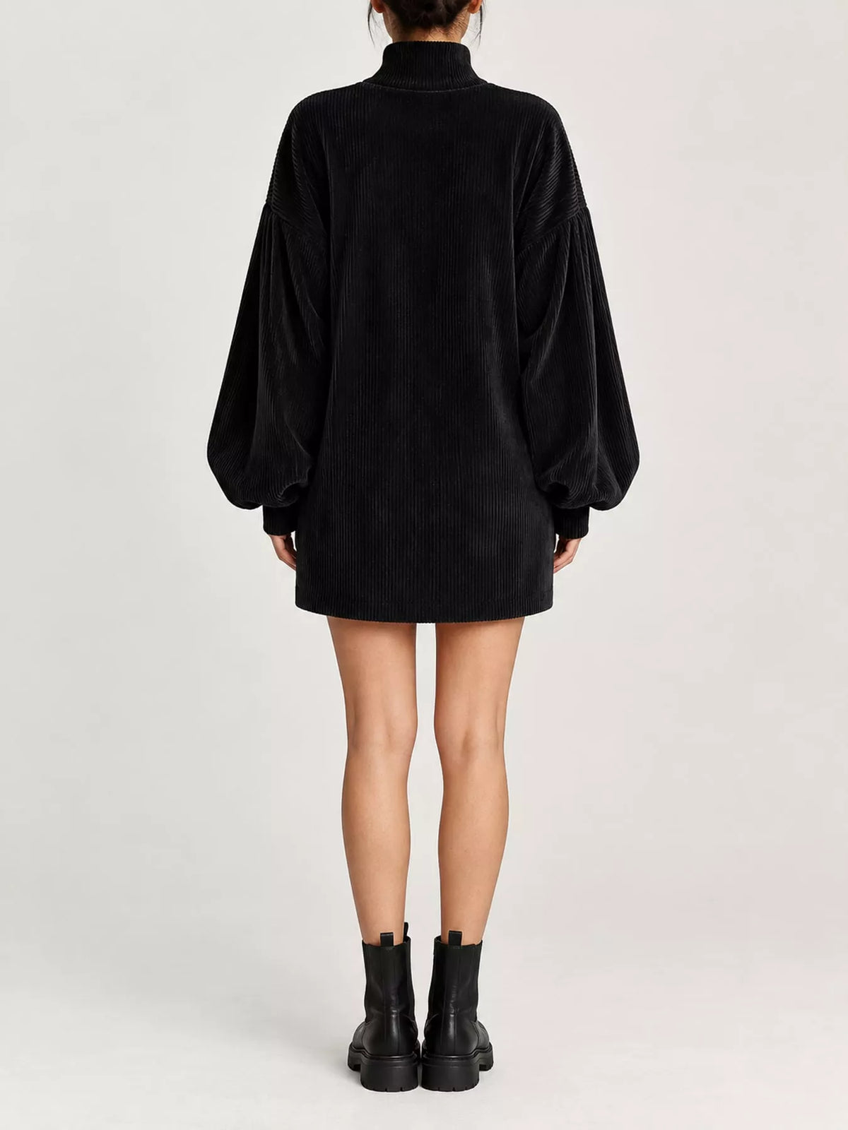 Corduroy Mock Neck Lantern Sleeve Mini Dress in black, back view