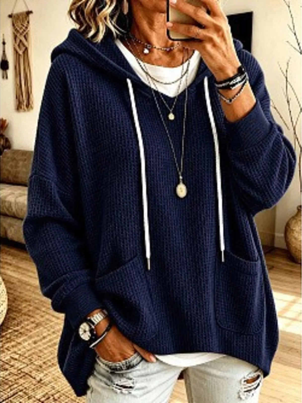 Trendsi Full Size Waffle Knit Hoodie with Pockets Plus Size -