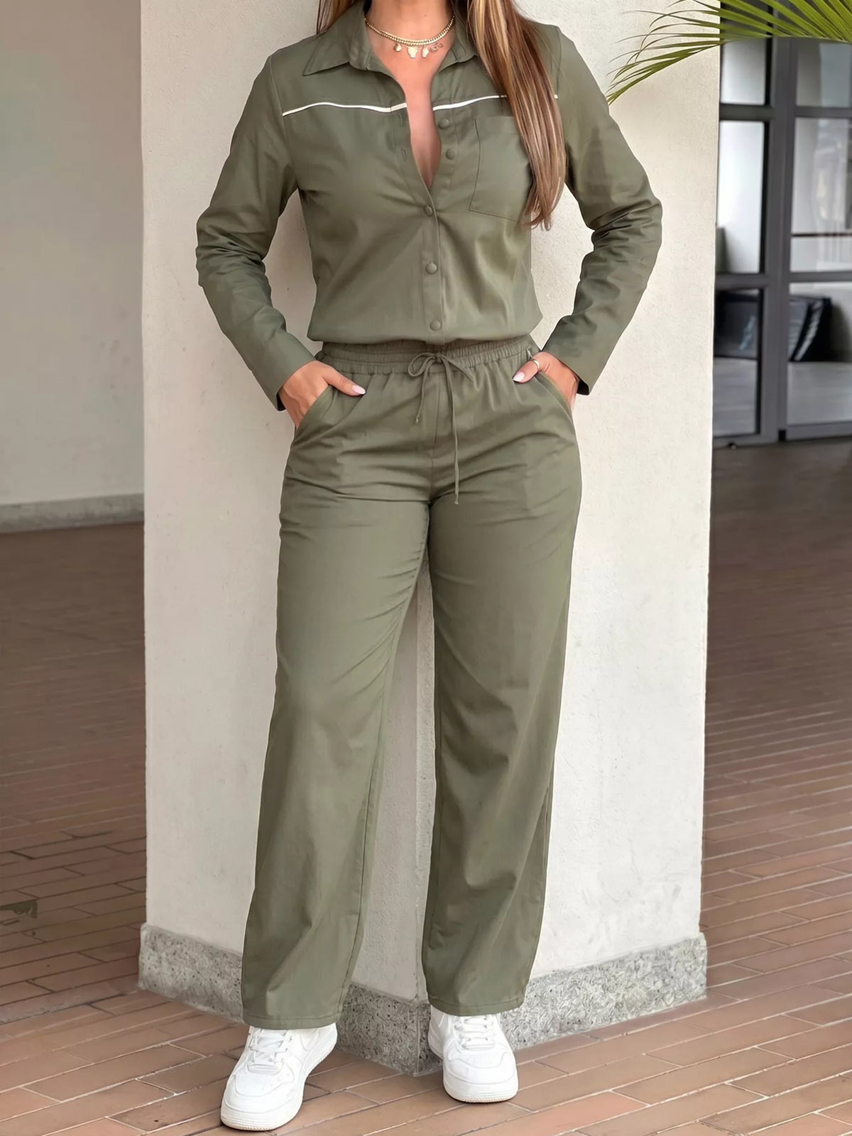 Button Front Jumpsuit with Drawstring Waist in green, front view