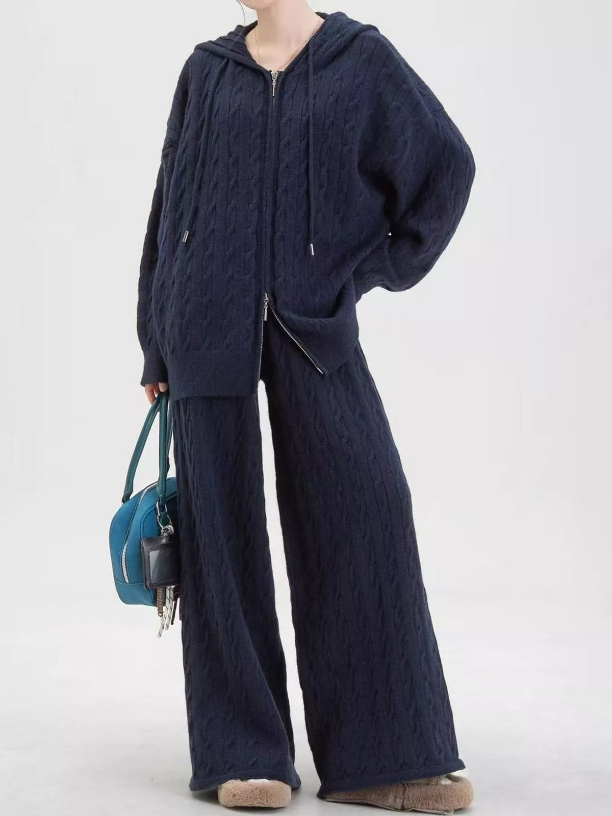 Cable-knit cardigan and pants set, navy front