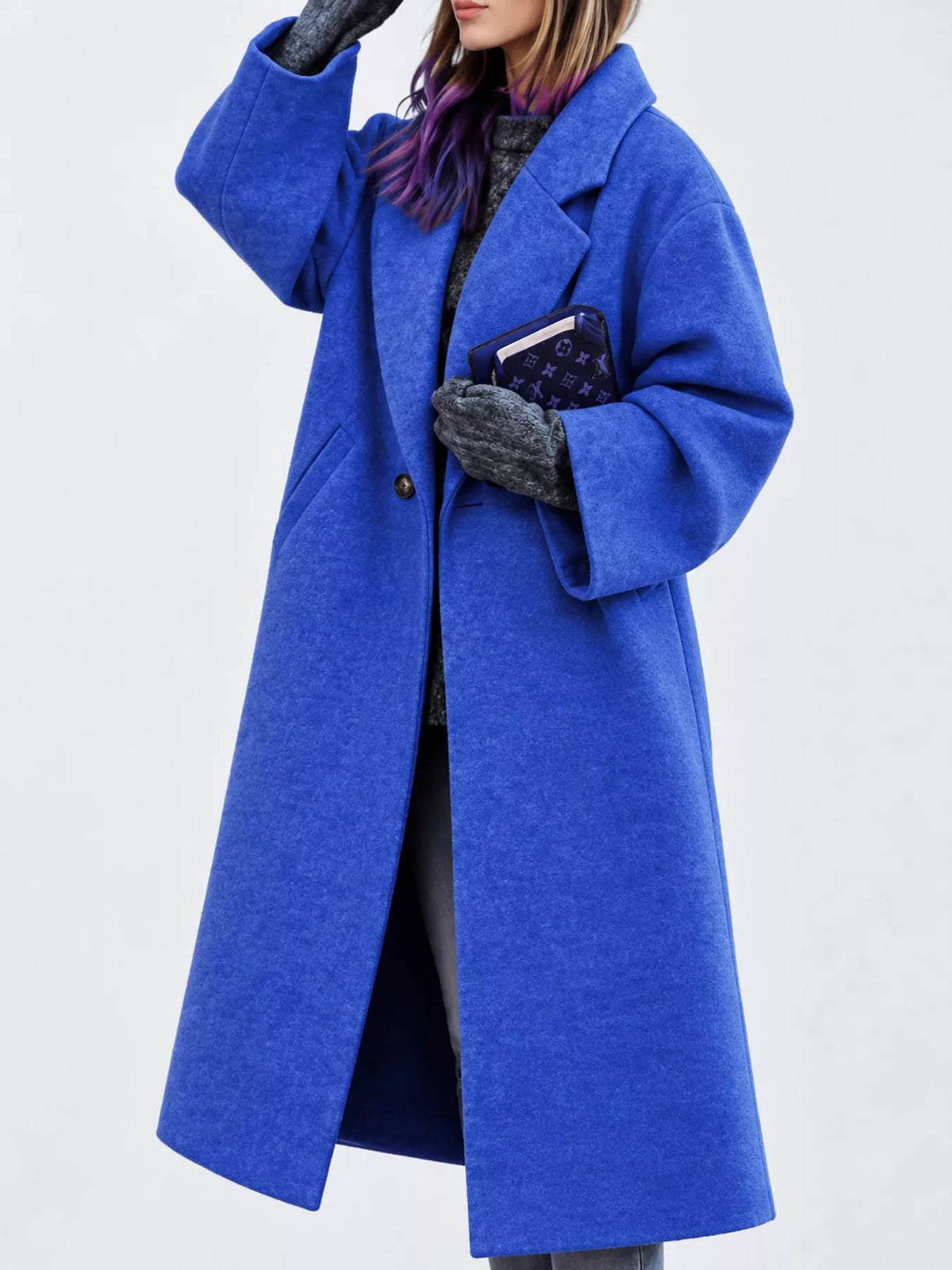 Blue lapel collar one button coat