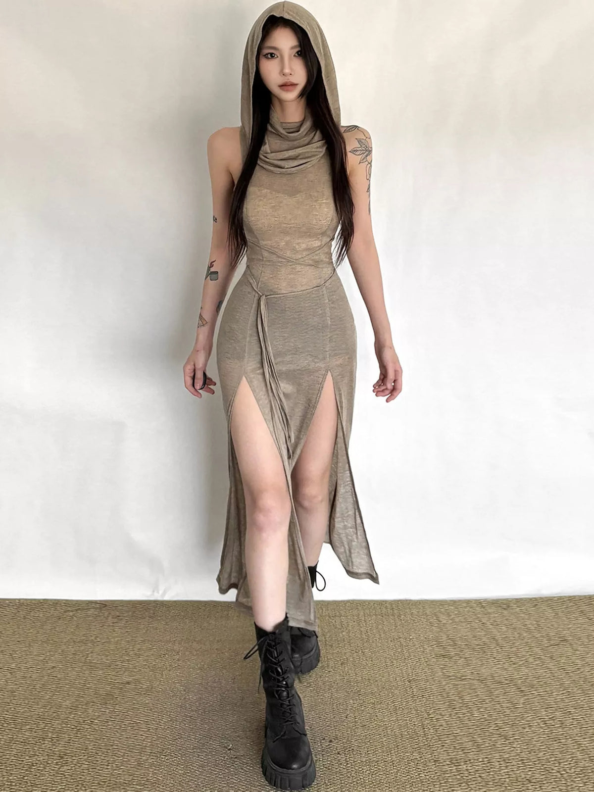 Taupe sleeveless high slit hooded maxi dress, front view