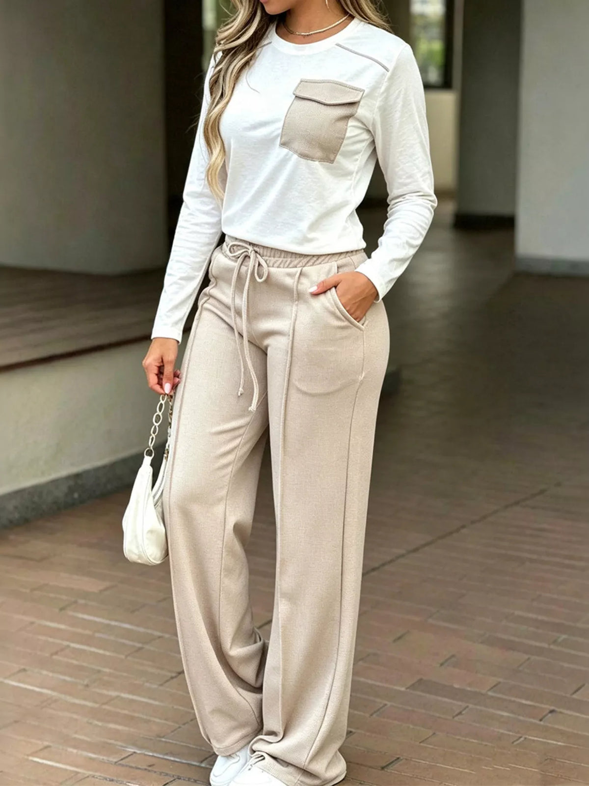 Long Sleeve Pocket Top and Drawstring Pants Set, front view
