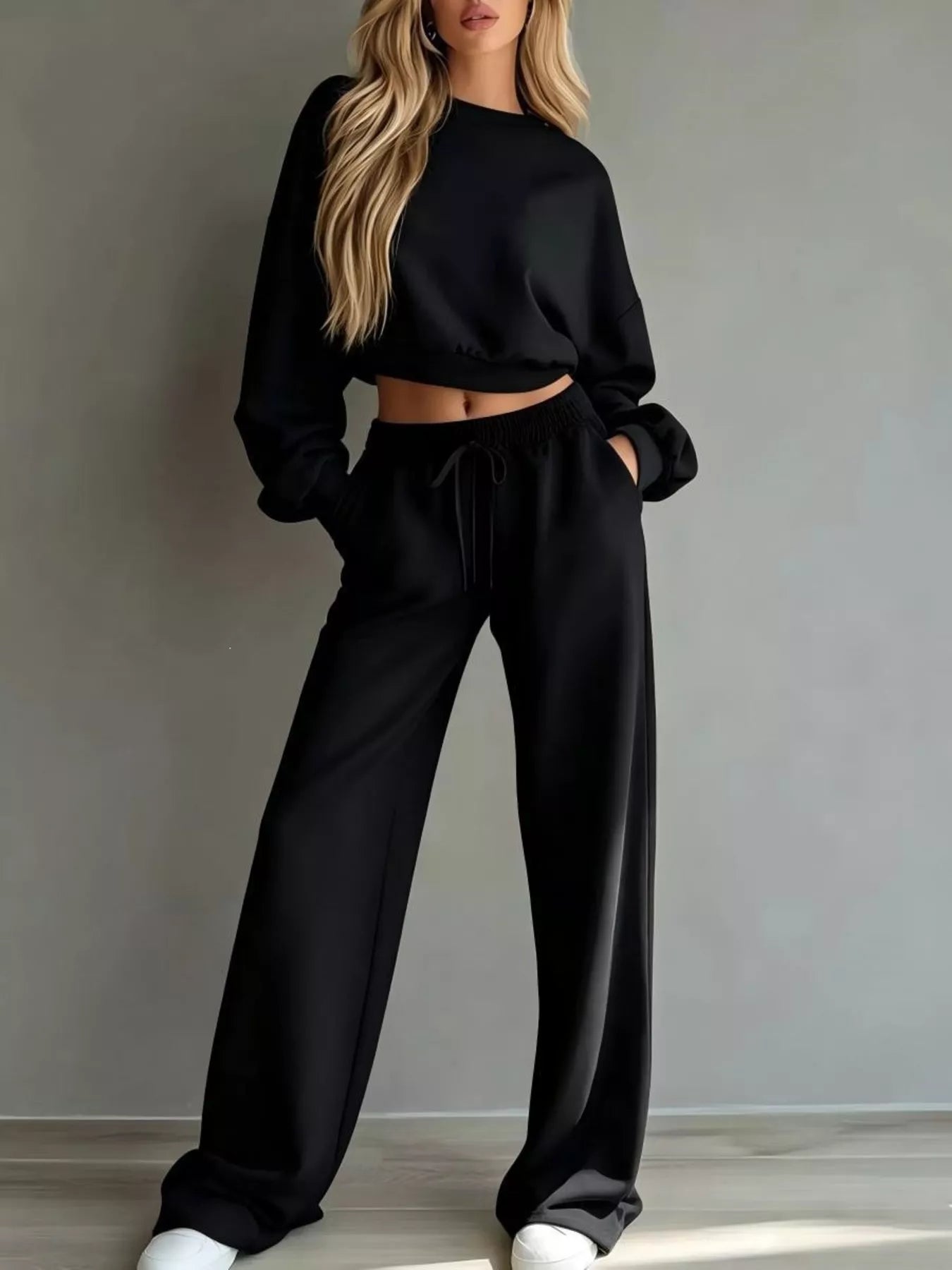 Trendsi Round Neck Cropped Sweatshirt and Wide-Leg Pants Set -