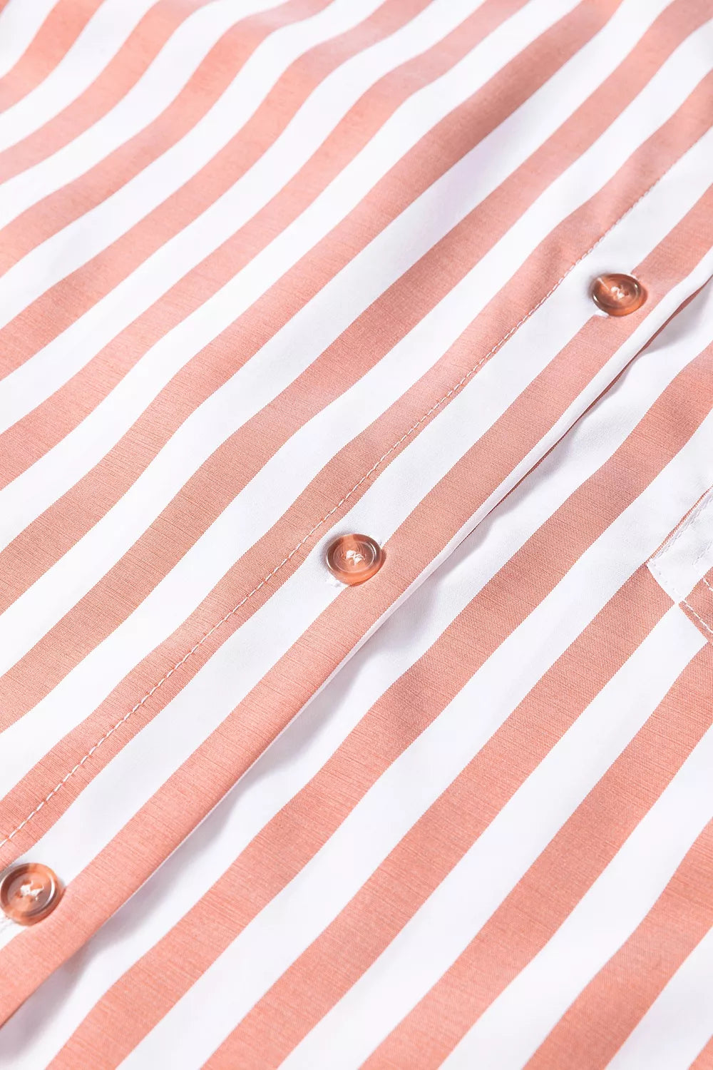 Women's pale blush striped button-front bracelet sleeve ruffle hem shirt