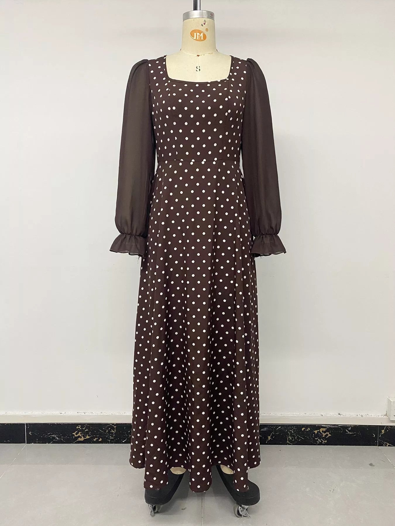 Trendsi Polka Dot Square Neck Long Sleeve Maxi Dress -