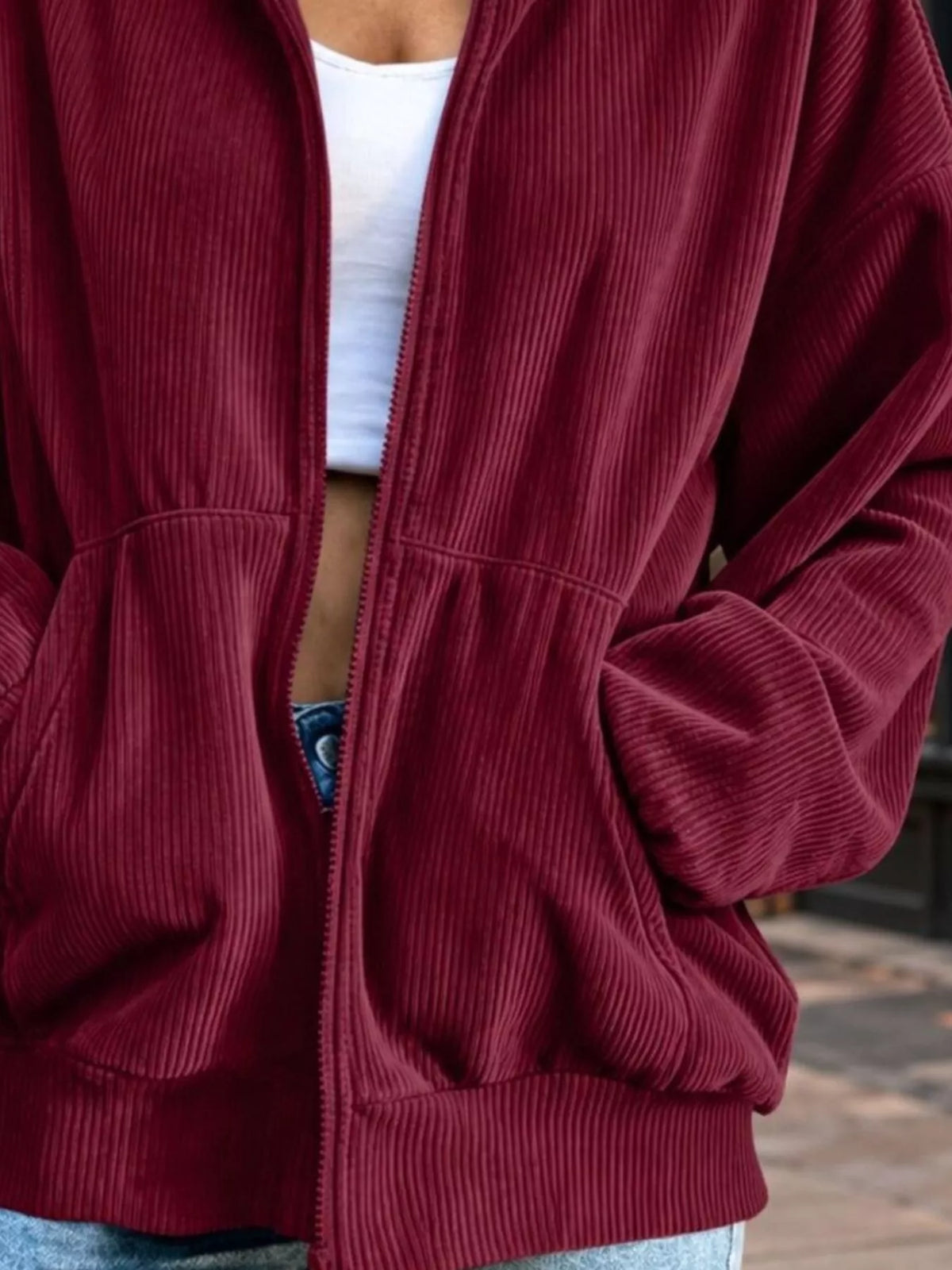 Corduroy Zip-Up Stand Collar Sweatshirt, pocket detail