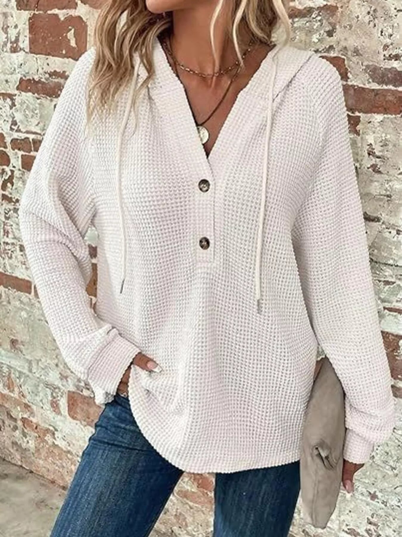 Trendsi Full Size Waffle Knit Half-Button Hoodie Plus Size -