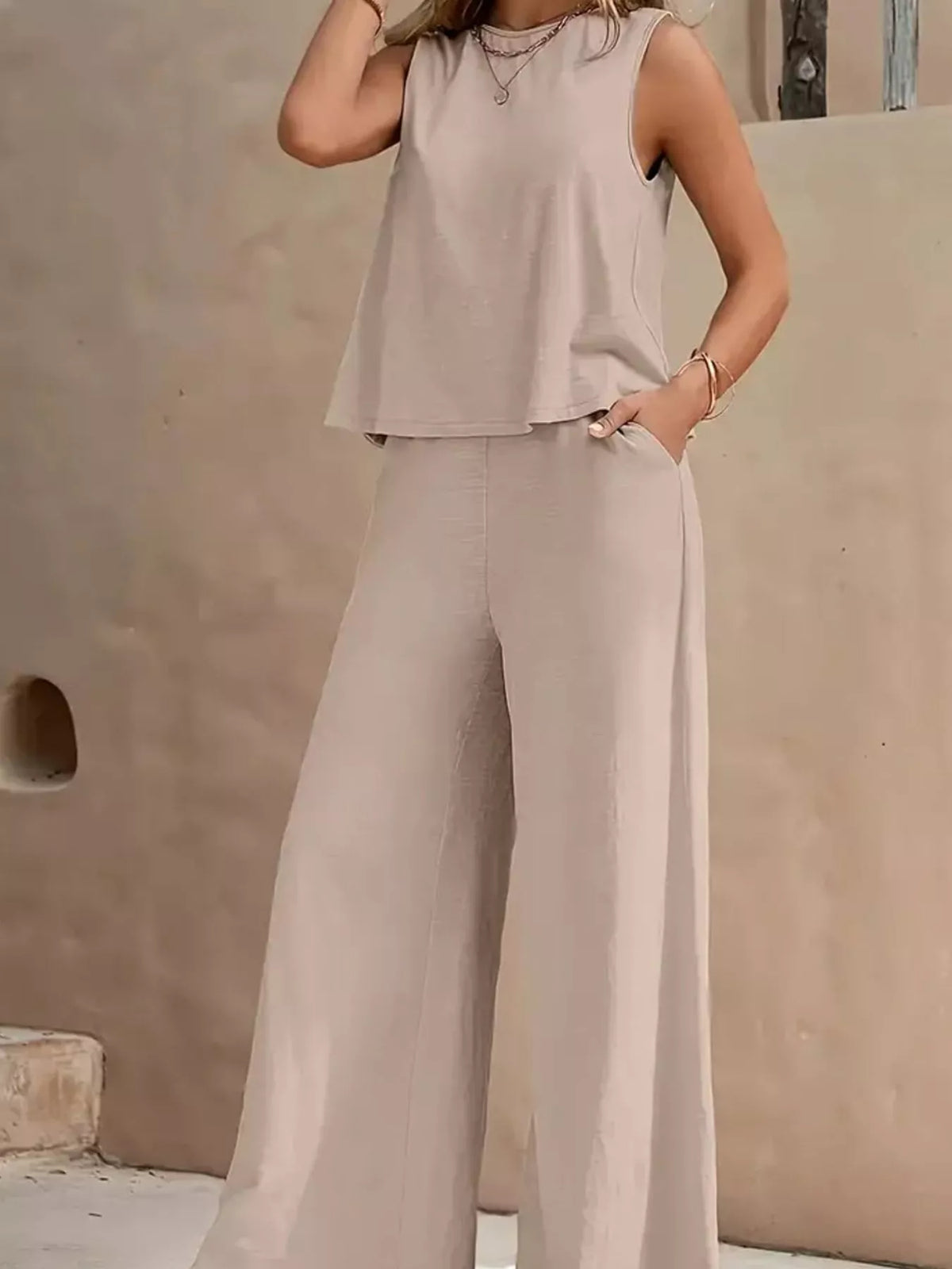 Sleeveless Tank Top and Wide-Leg Pants Set — front view