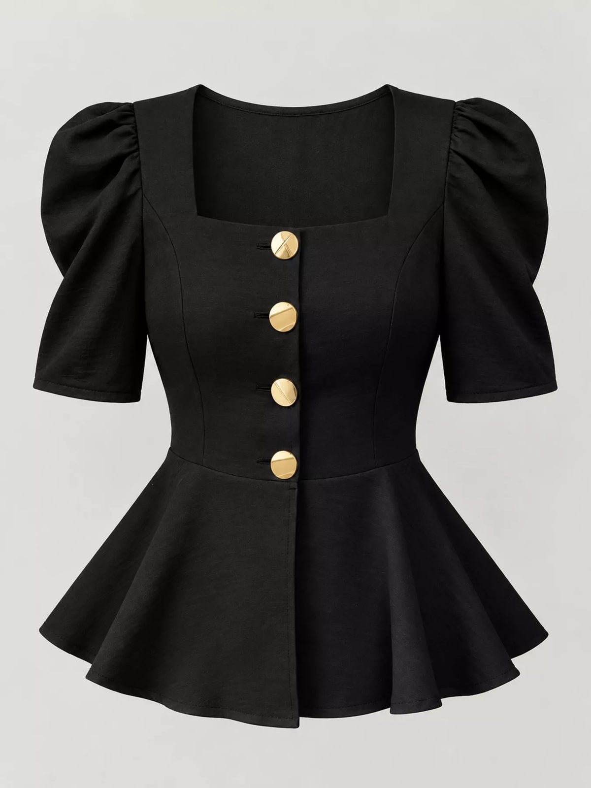 Women's Square Neck Puff Sleeve Peplum Blouse in black — flat lay view