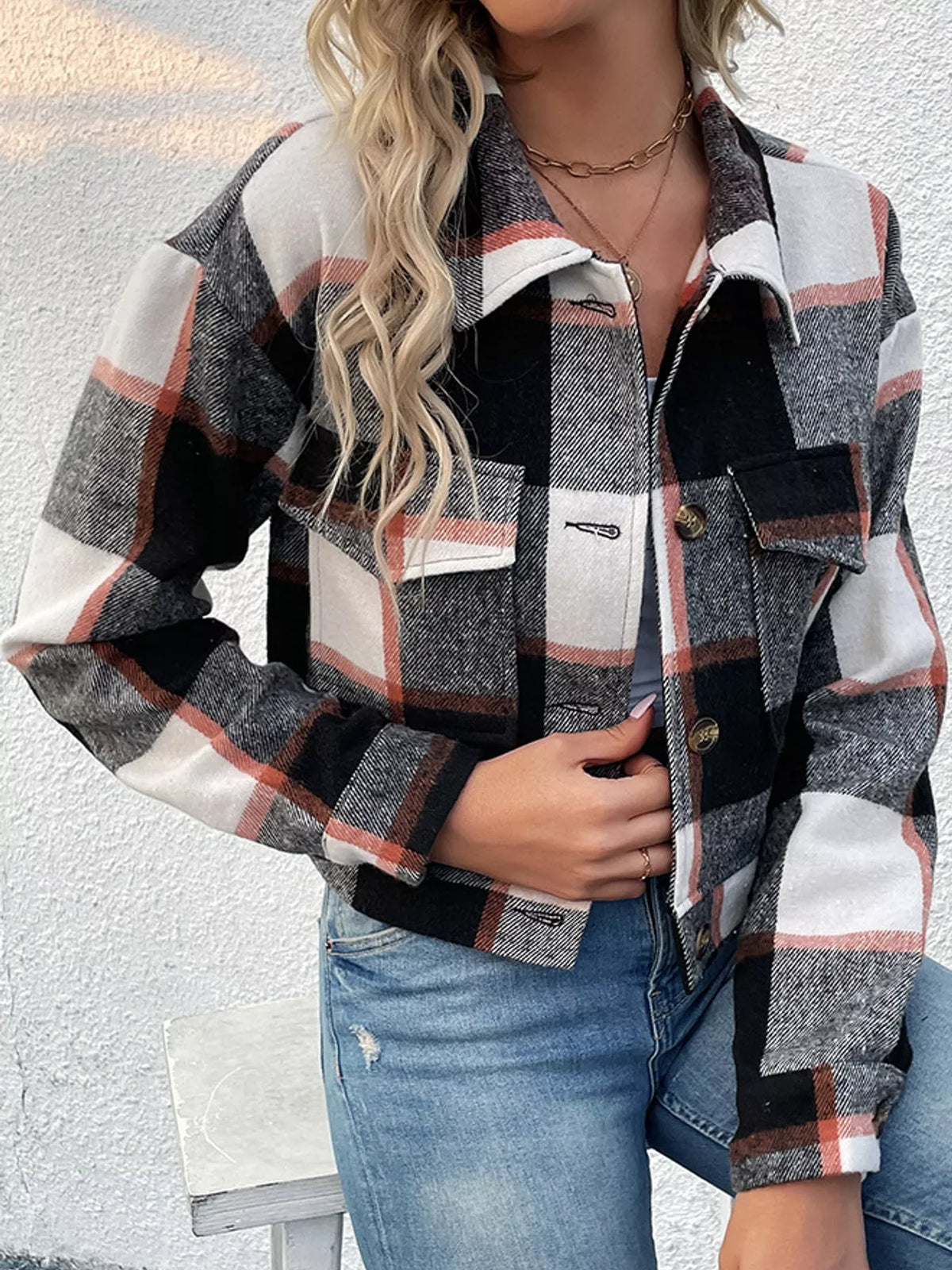 Black plaid button-up cropped jacket