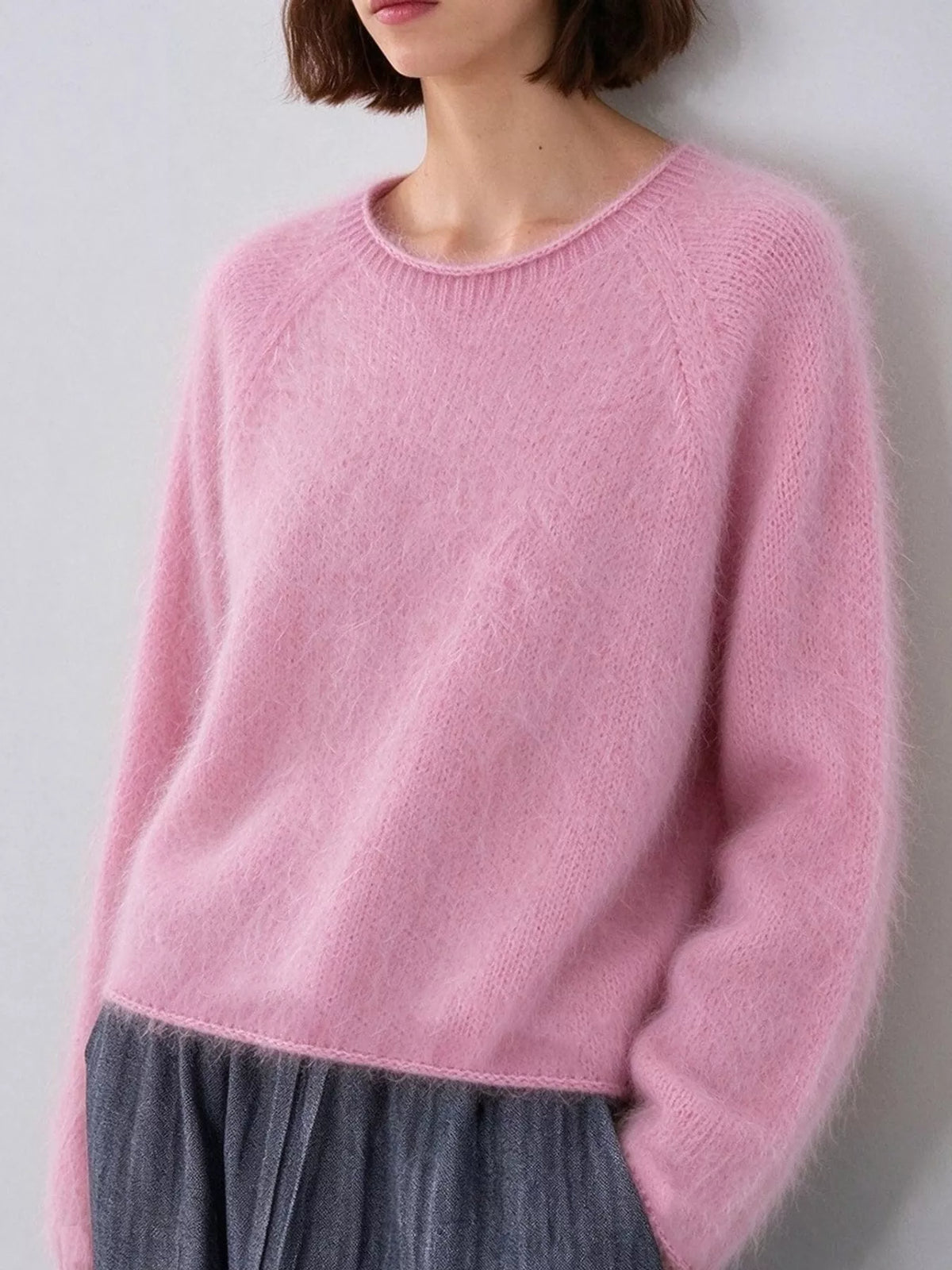 Round neck long sleeve sweater, front view on model