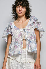 Trendsi POL Lace Detail Floral Tie Front Ruffle Short Sleeve Blouse -
