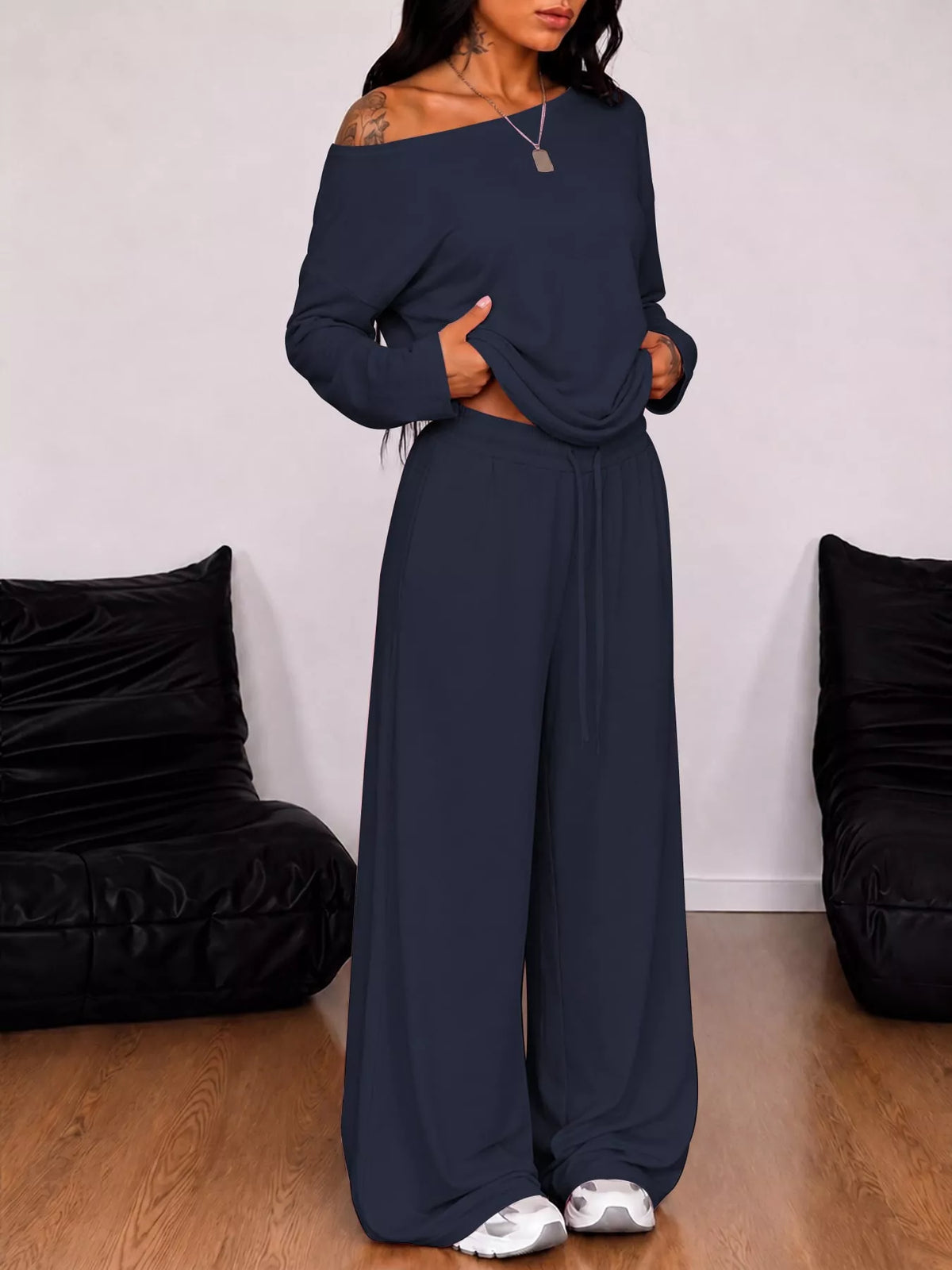 Off-Shoulder Striped Long Sleeve Top and Wide Leg Pants Set in dark blue