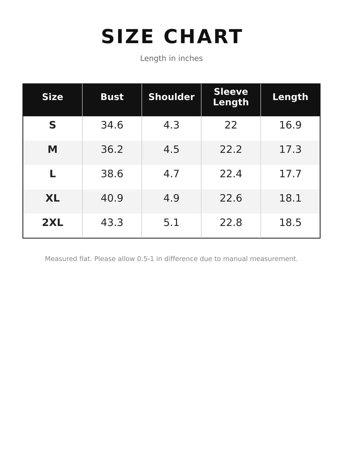 Round neck long sleeve blazer, size and measurement chart