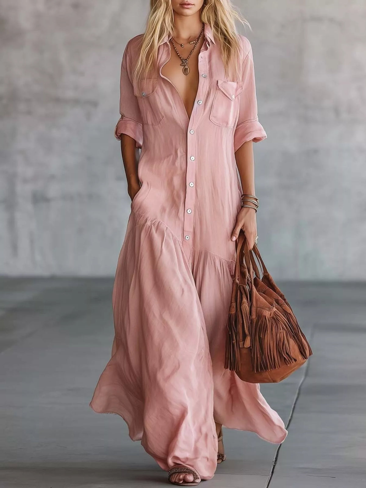 Pink button-down maxi shirt dress with pockets — front view
