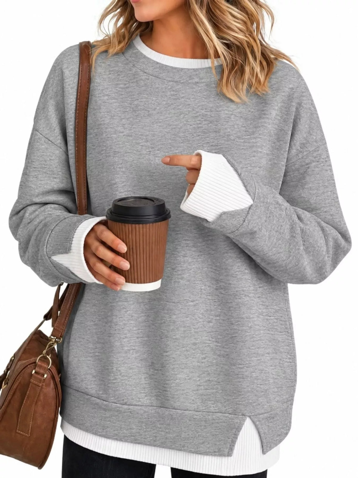 Layered Look Crew Neck Sweatshirt in gray, front view