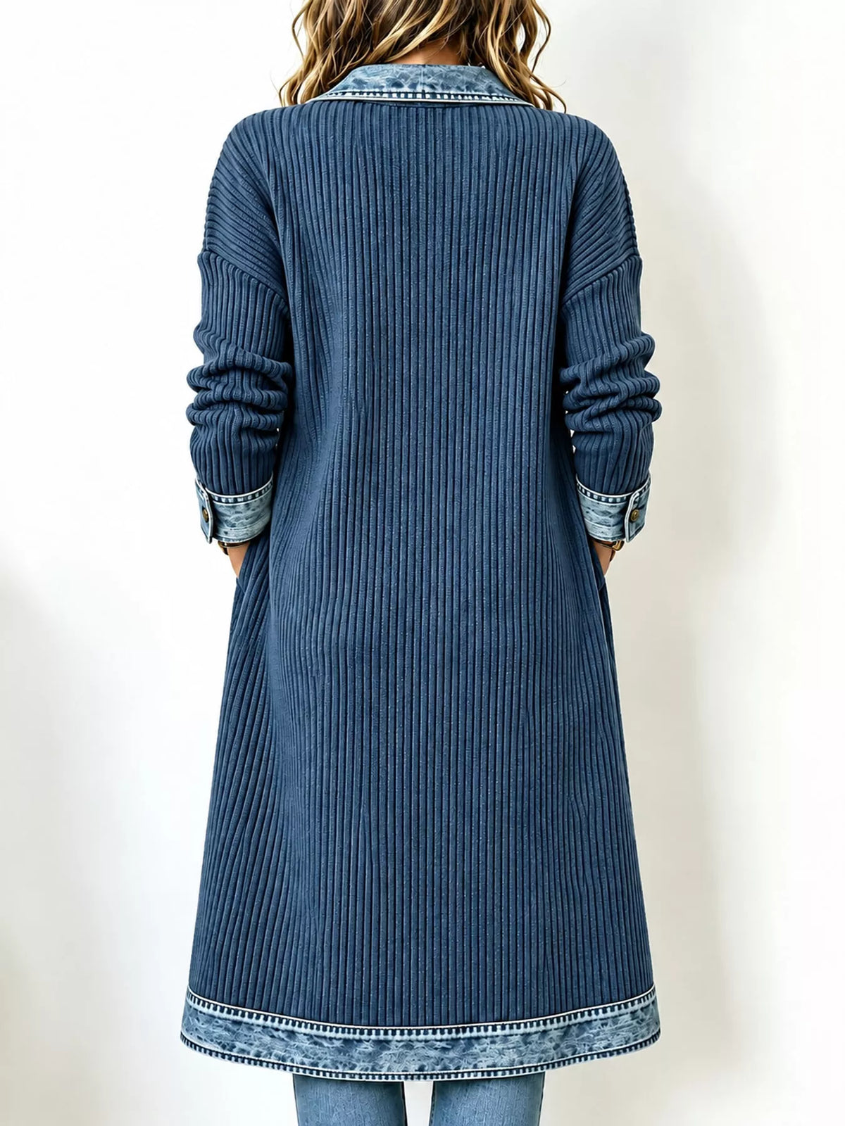 Navy Blue Real Denim denim-trimmed ribbed knit longline cardigan, back view