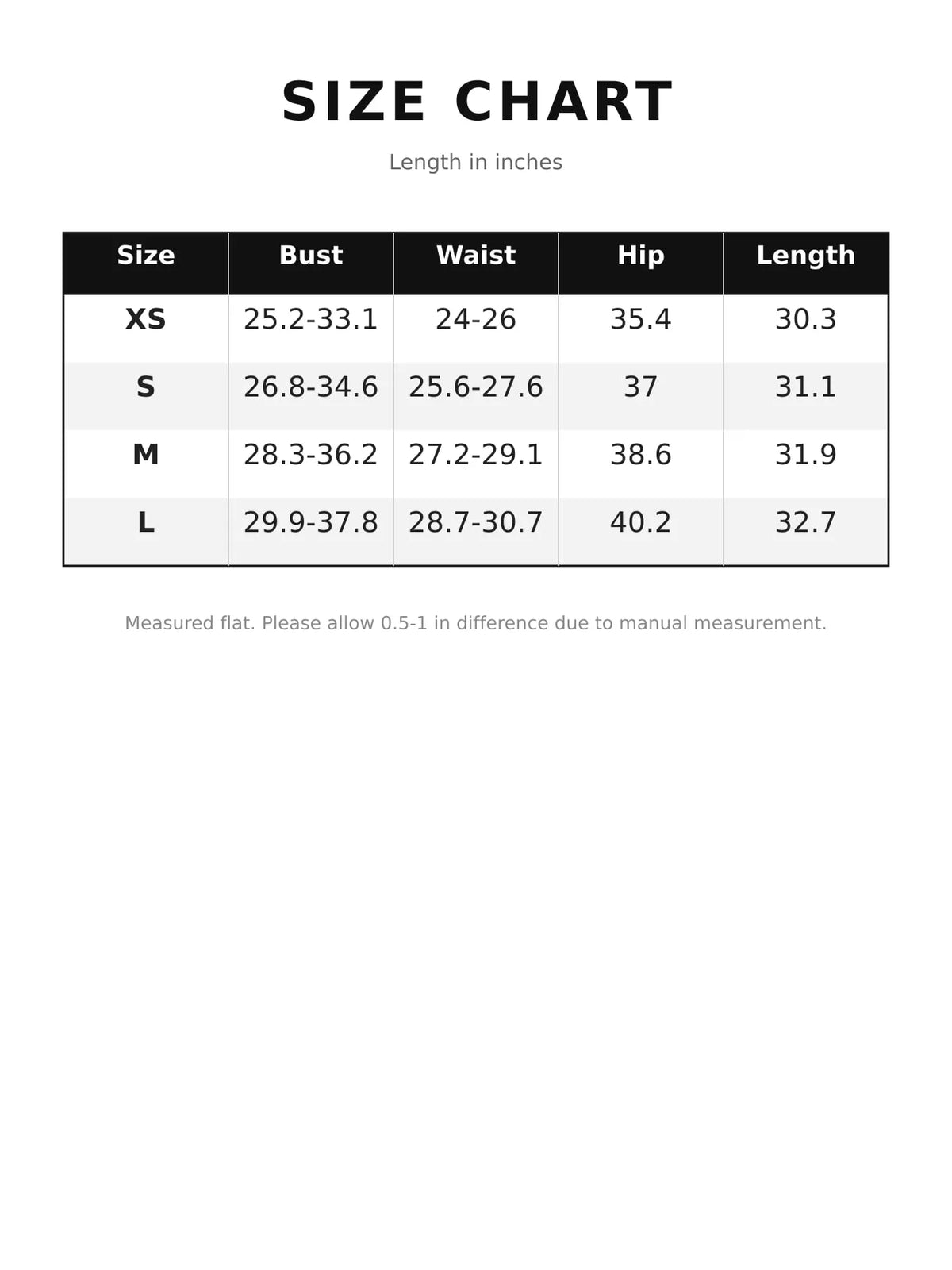 Plunging neck 3/4 sleeve mini dress, size and measurement chart