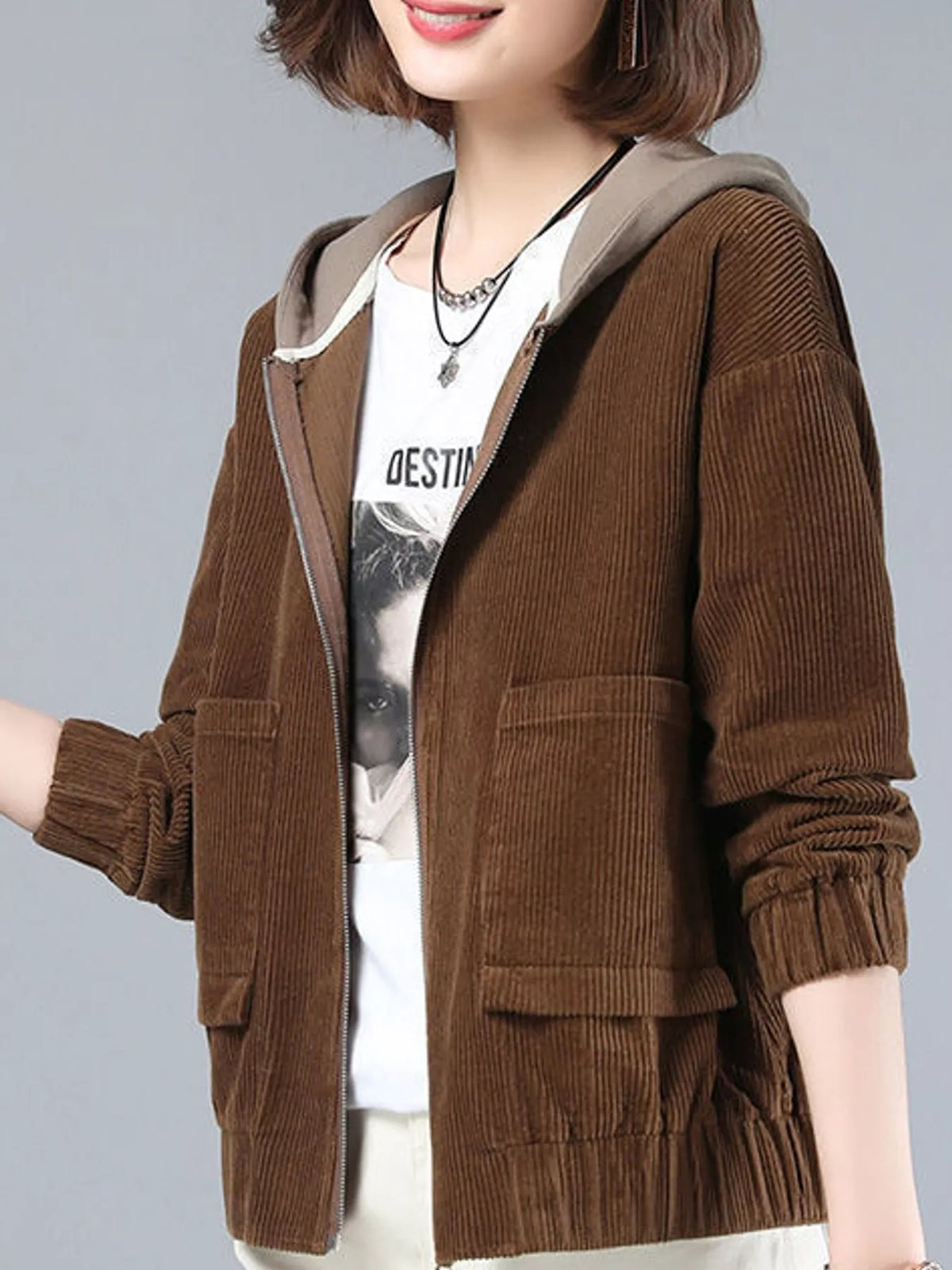 Brown corduroy hooded zip-up jacket — front view