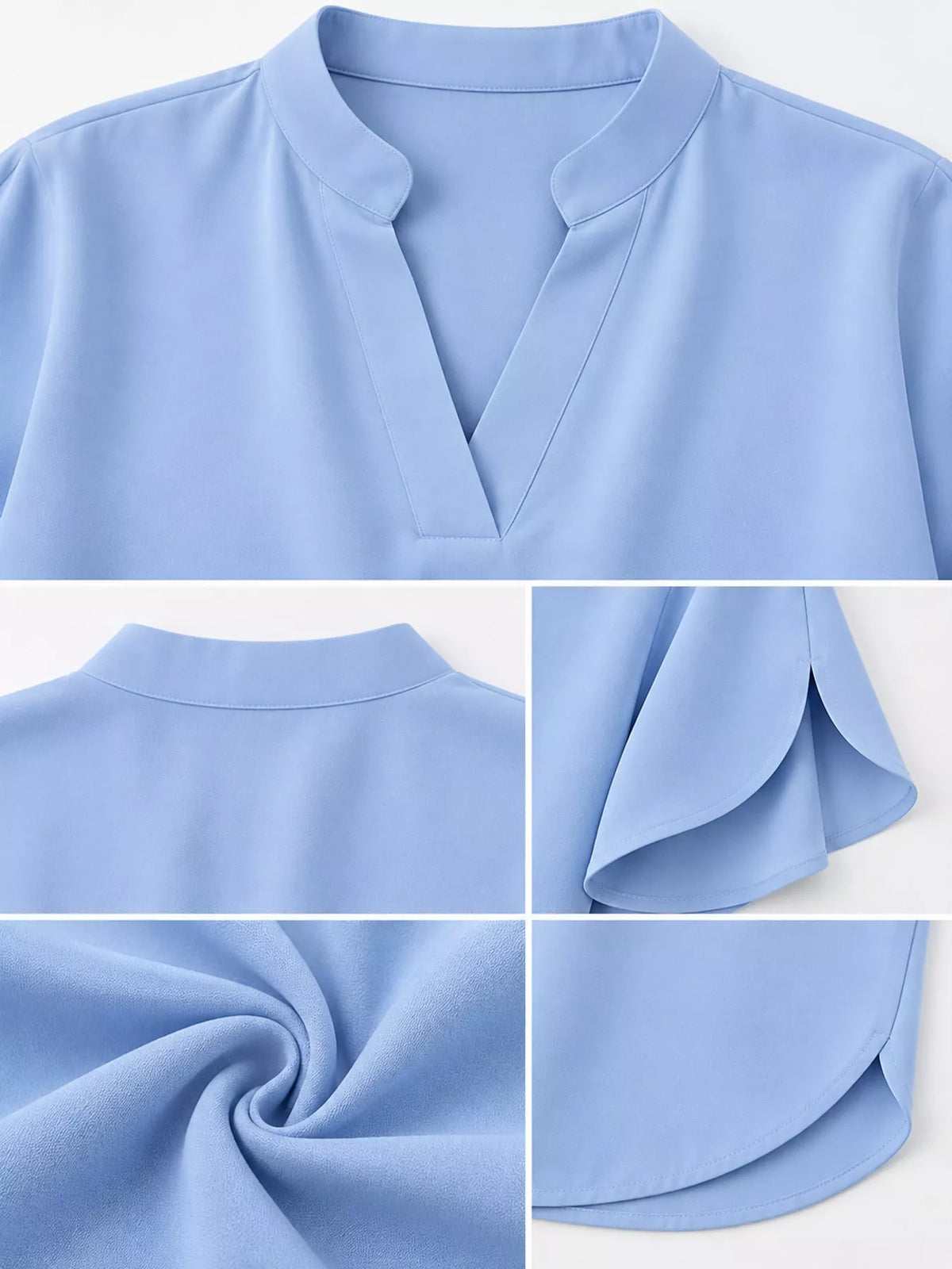 Women's Notched Slit Short Sleeve Blouse in light blue — detail collage view