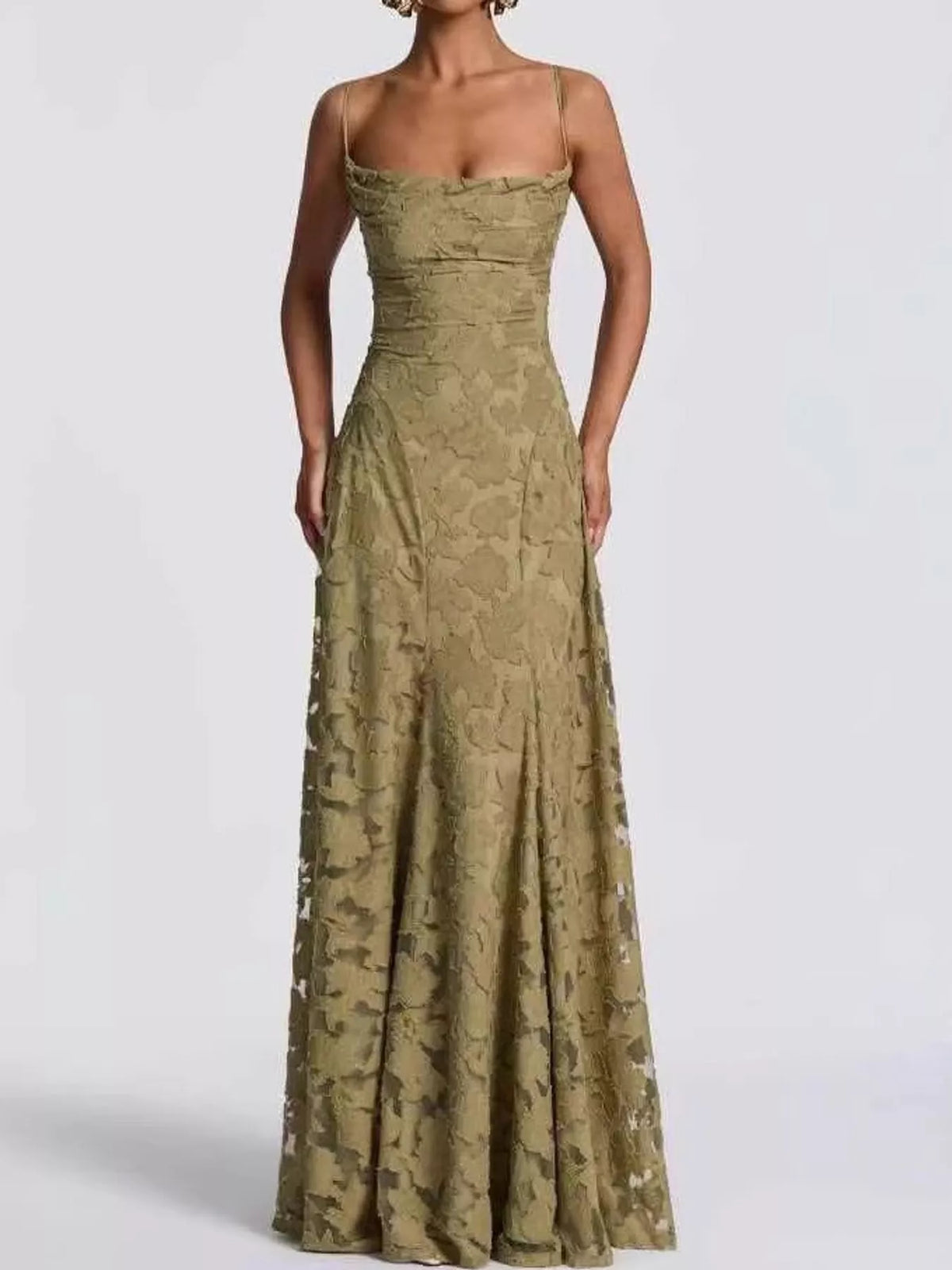 Olive backless lace maxi dress, front view
