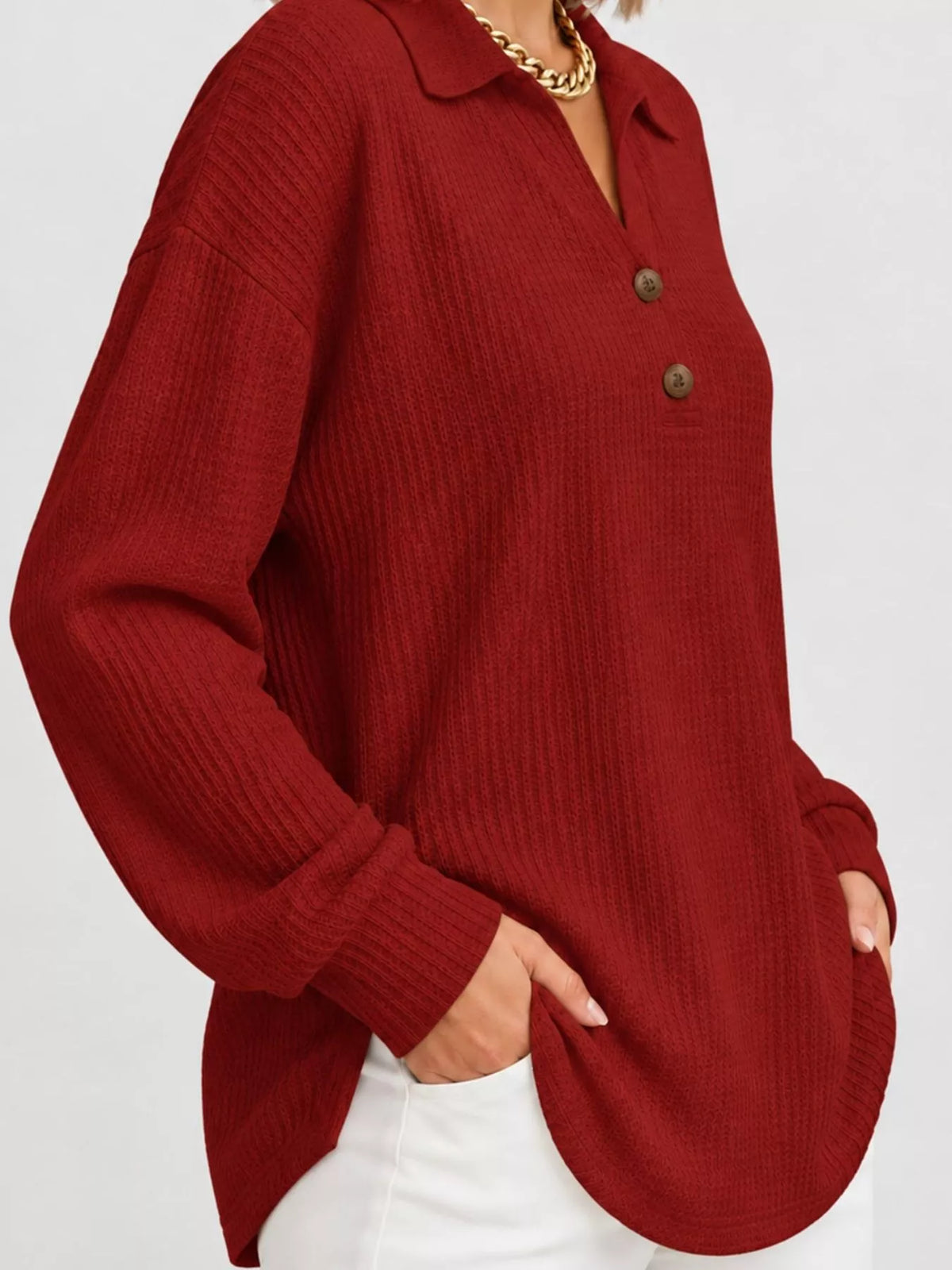 Collared long sleeve top, side view
