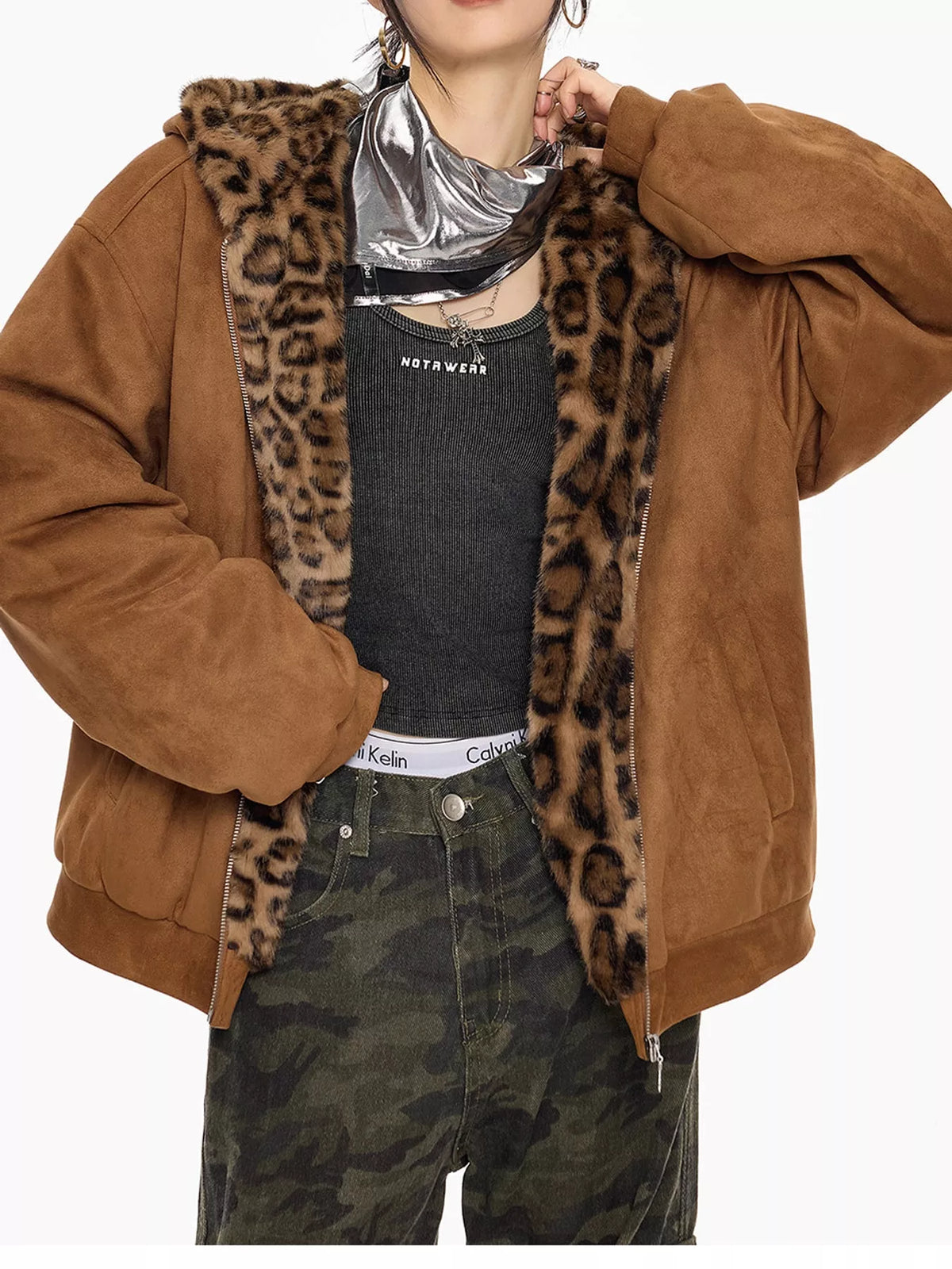 Leopard-Trim Faux Fur Hooded Zip-Up Jacket in caramel, front view