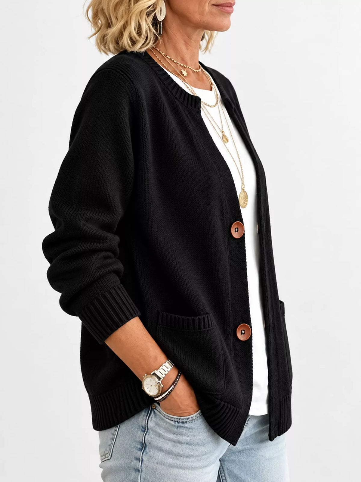 Women's Button-Down Knit Cardigan in black — side view