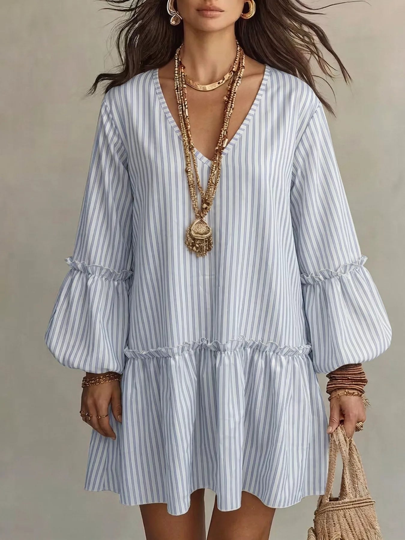 Trendsi Full Size Striped Balloon Sleeve Mini Dress Plus Size -