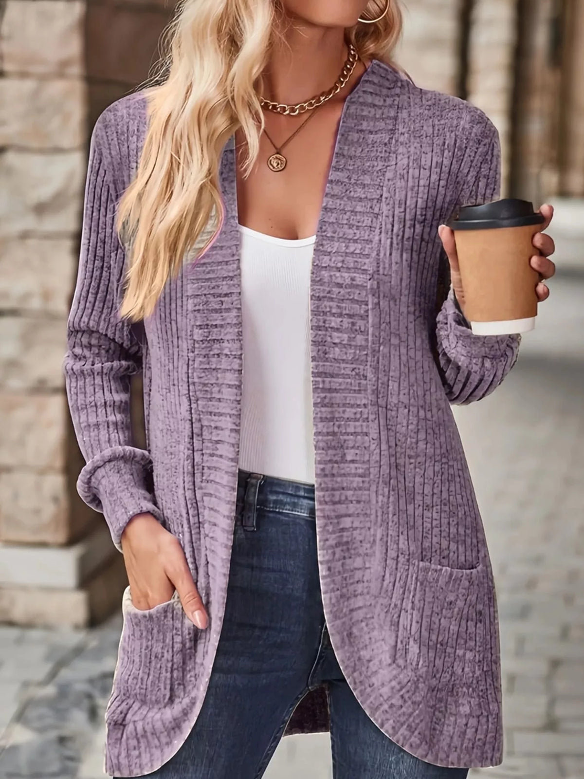 Ribbed Knit Open Front Cardigan with Pockets — front view